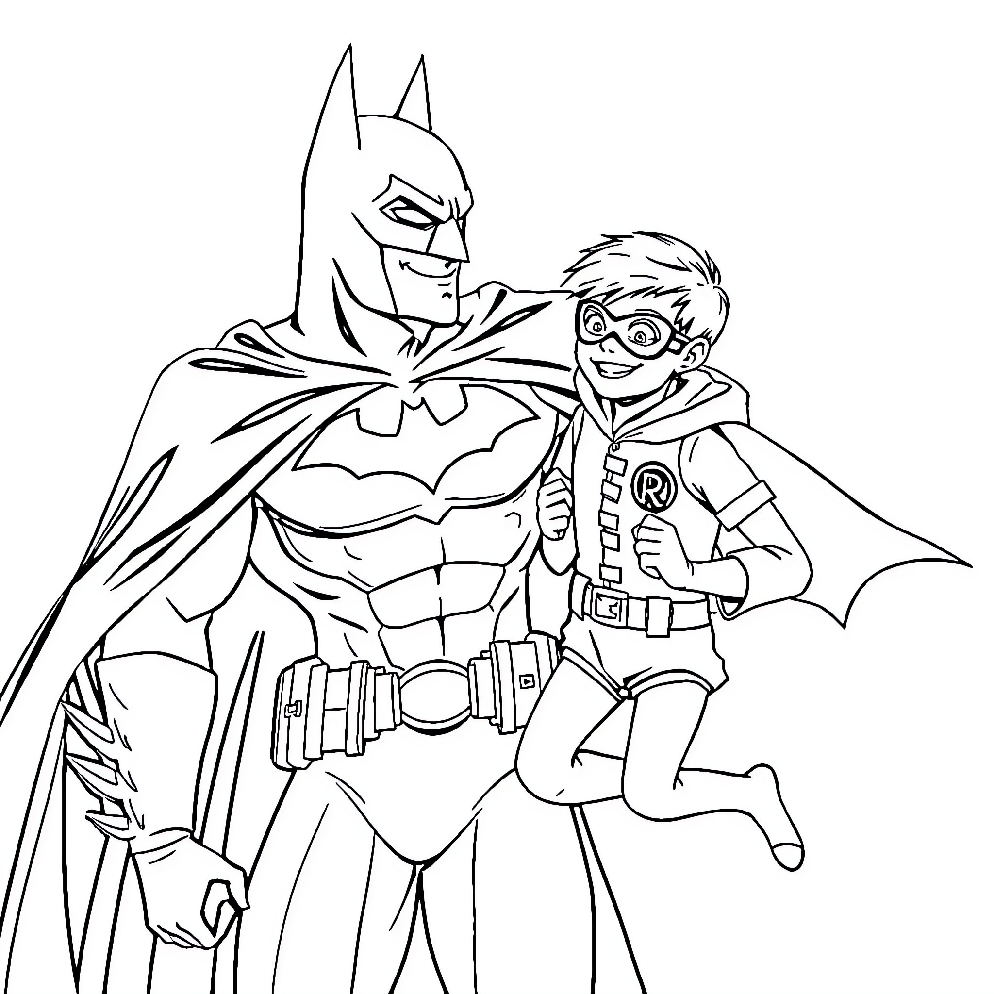 Batman and Robin in action Coloring Page (free black-and-white line drawing printable PDF for all, from beginners to advanced learners, including children, teens, adults, and seniors)