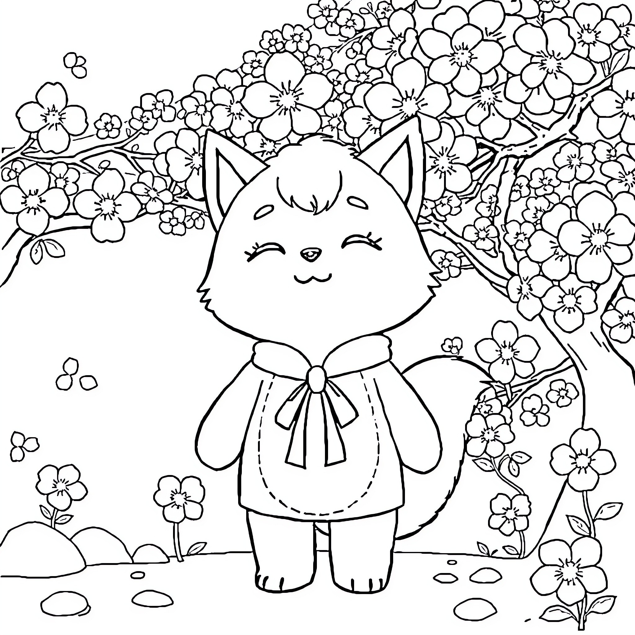 Tokito's Blooming Floral Adventure Coloring Page (free black-and-white line drawing printable PDF for all, from beginners to advanced learners, including children, teens, adults, and seniors)