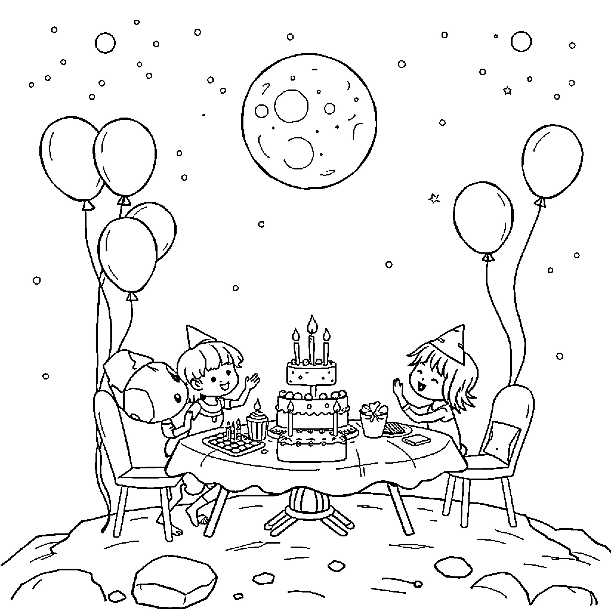 Birthday celebration with friends under the moon Coloring Page (free black-and-white line drawing printable PDF for all, from beginners to advanced learners, including children, teens, adults, and seniors)
