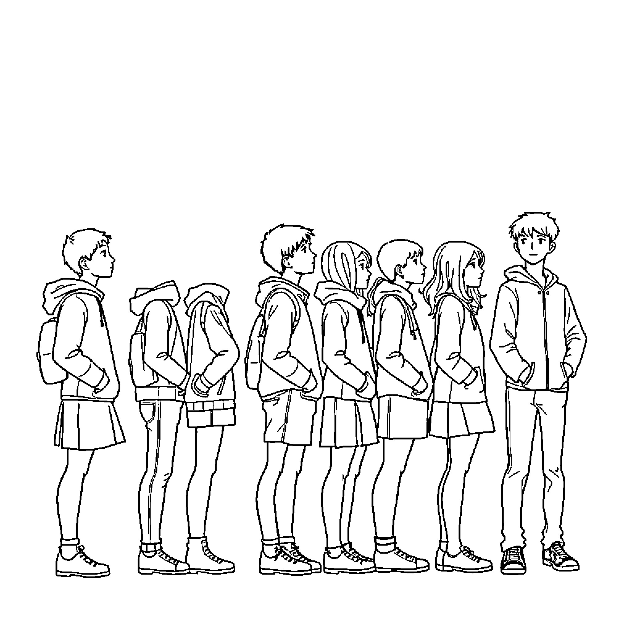 Students gathered in a line Coloring Page (free black-and-white line drawing printable PDF for all, from beginners to advanced learners, including children, teens, adults, and seniors)