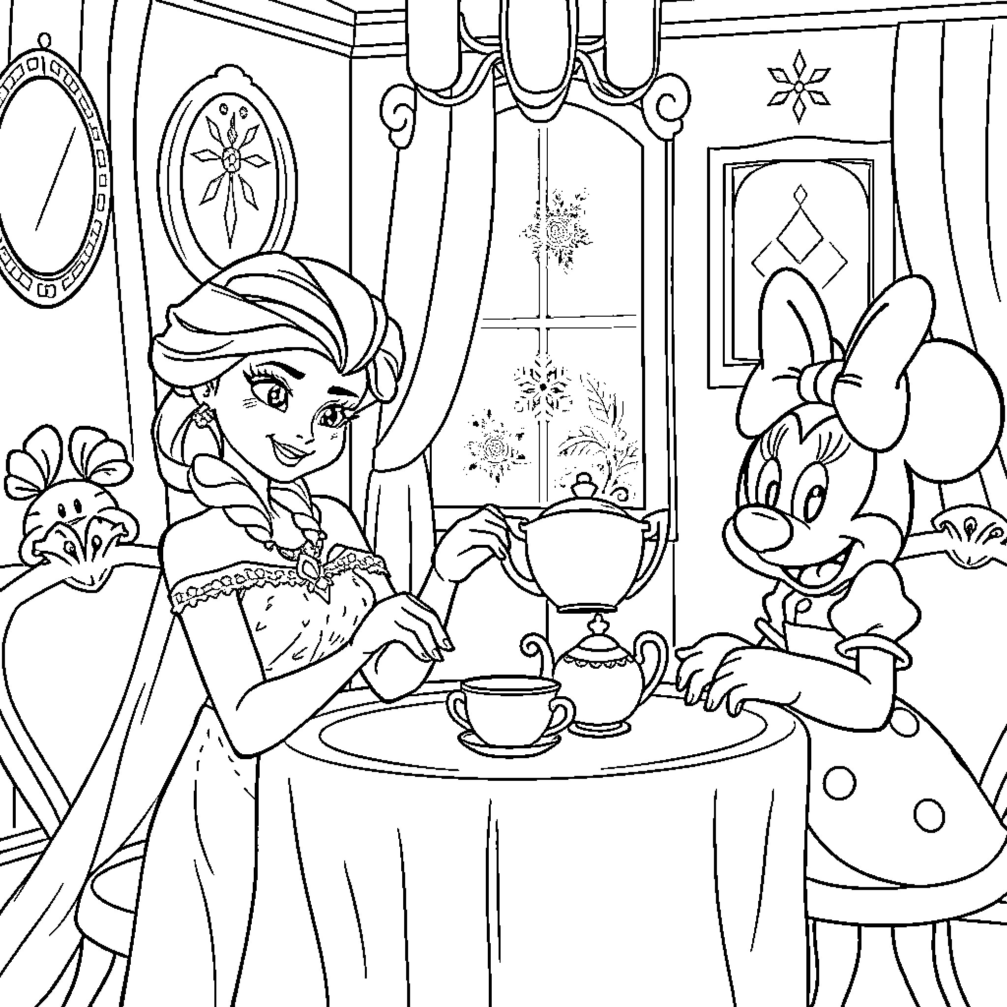 Elsa and Minnie enjoying tea time together Coloring Page (free black-and-white line drawing printable PDF for all, from beginners to advanced learners, including children, teens, adults, and seniors)