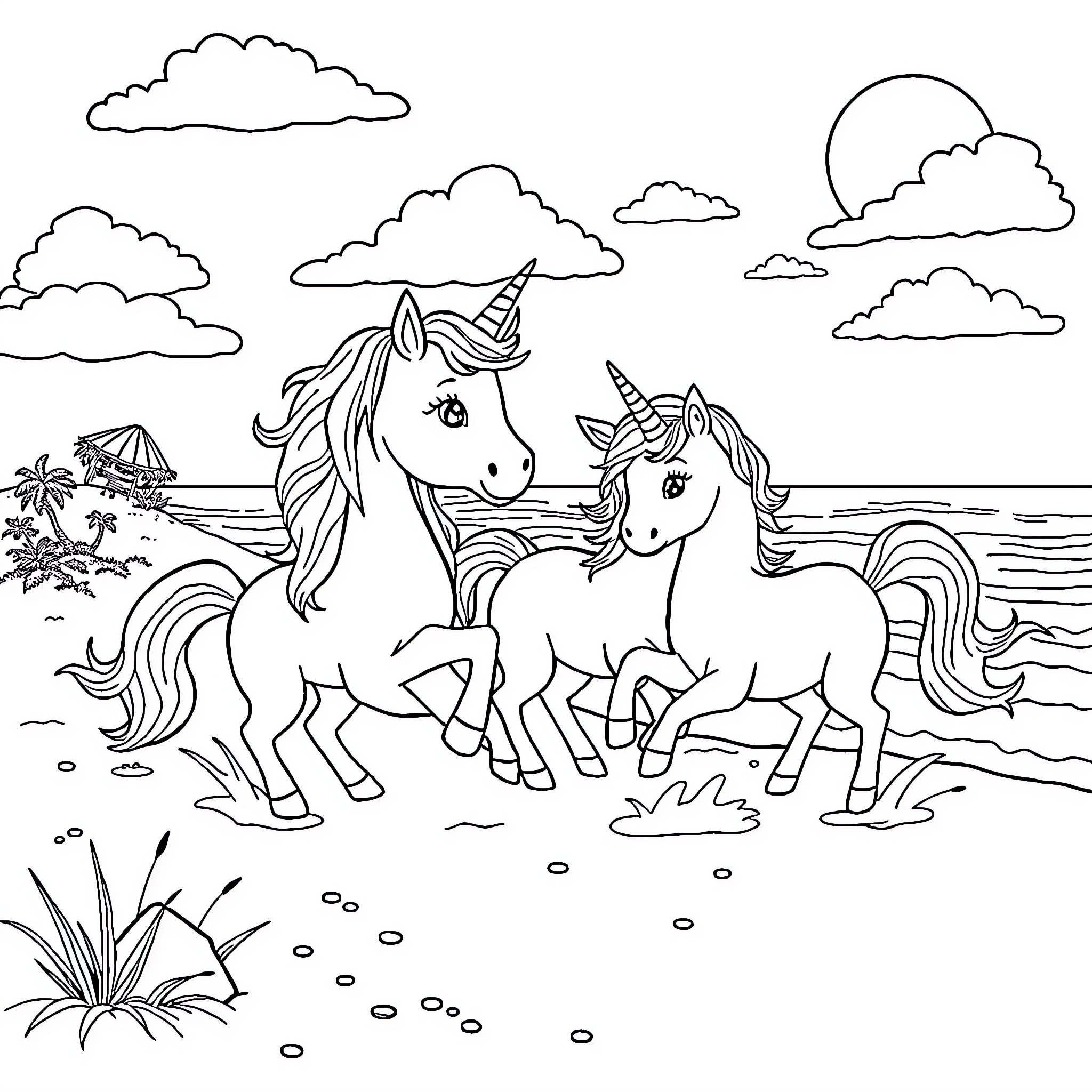 Unicorn pair running on the beach Coloring Page (free black-and-white line drawing printable PDF for all, from beginners to advanced learners, including children, teens, adults, and seniors)