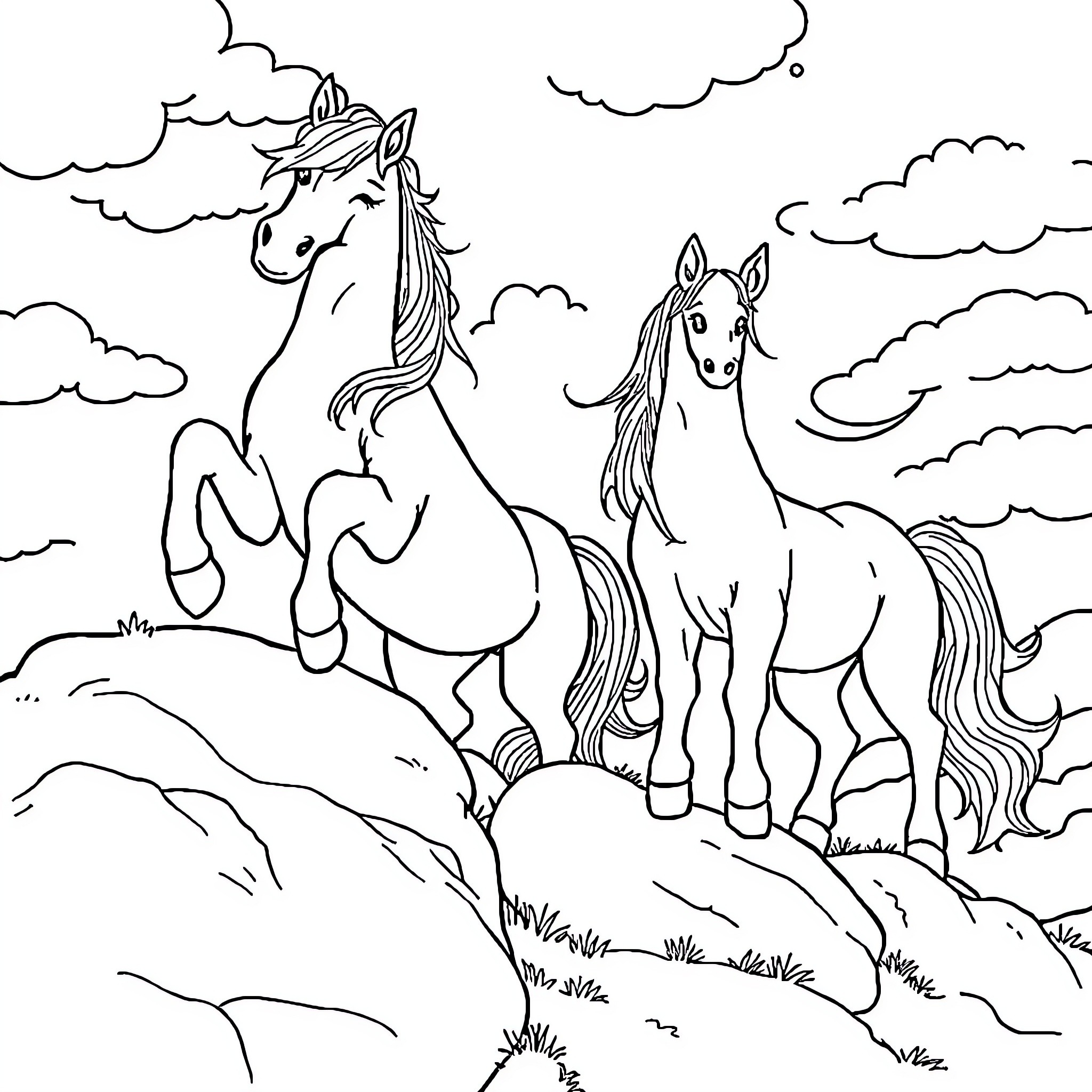 Pony pair galloping through scenic landscape Coloring Page (free black-and-white line drawing printable PDF for all, from beginners to advanced learners, including children, teens, adults, and seniors)