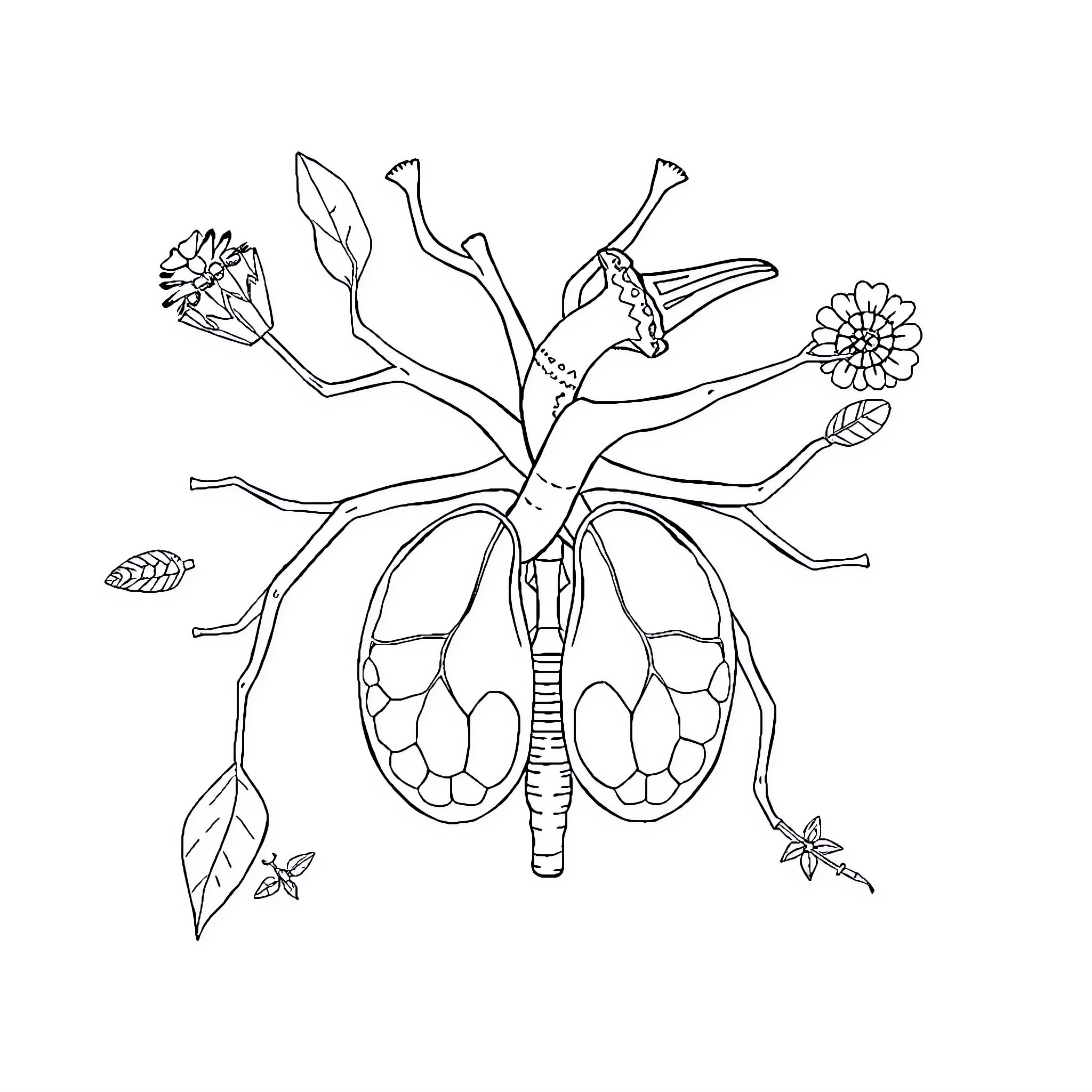 Anatomy of a Fanciful Botanical Creature Coloring Page (free black-and-white line drawing printable PDF for all, from beginners to advanced learners, including children, teens, adults, and seniors)