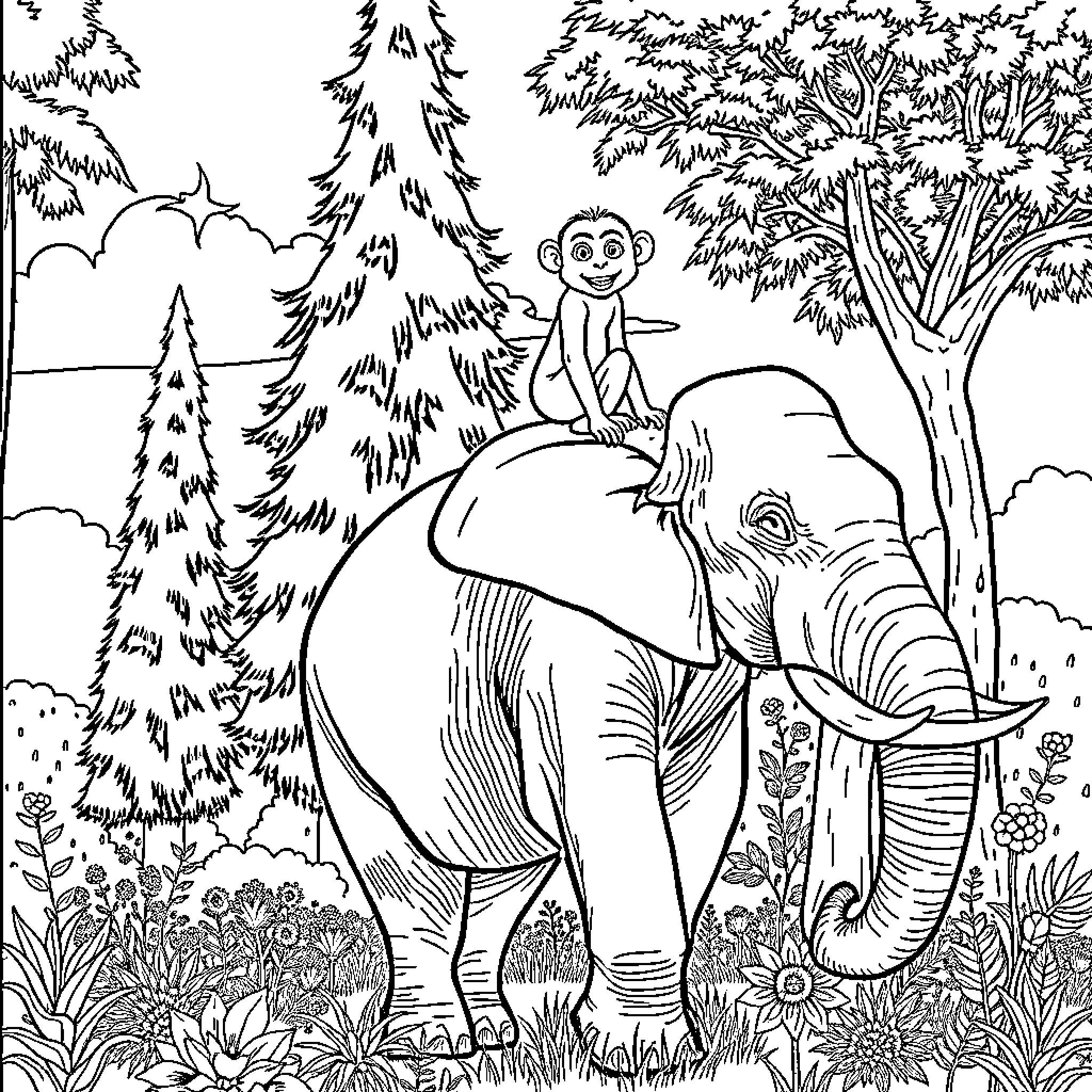 Monkey sitting on an elephant in a jungle landscape Coloring Page (free black-and-white line drawing printable PDF for all, from beginners to advanced learners, including children, teens, adults, and seniors)