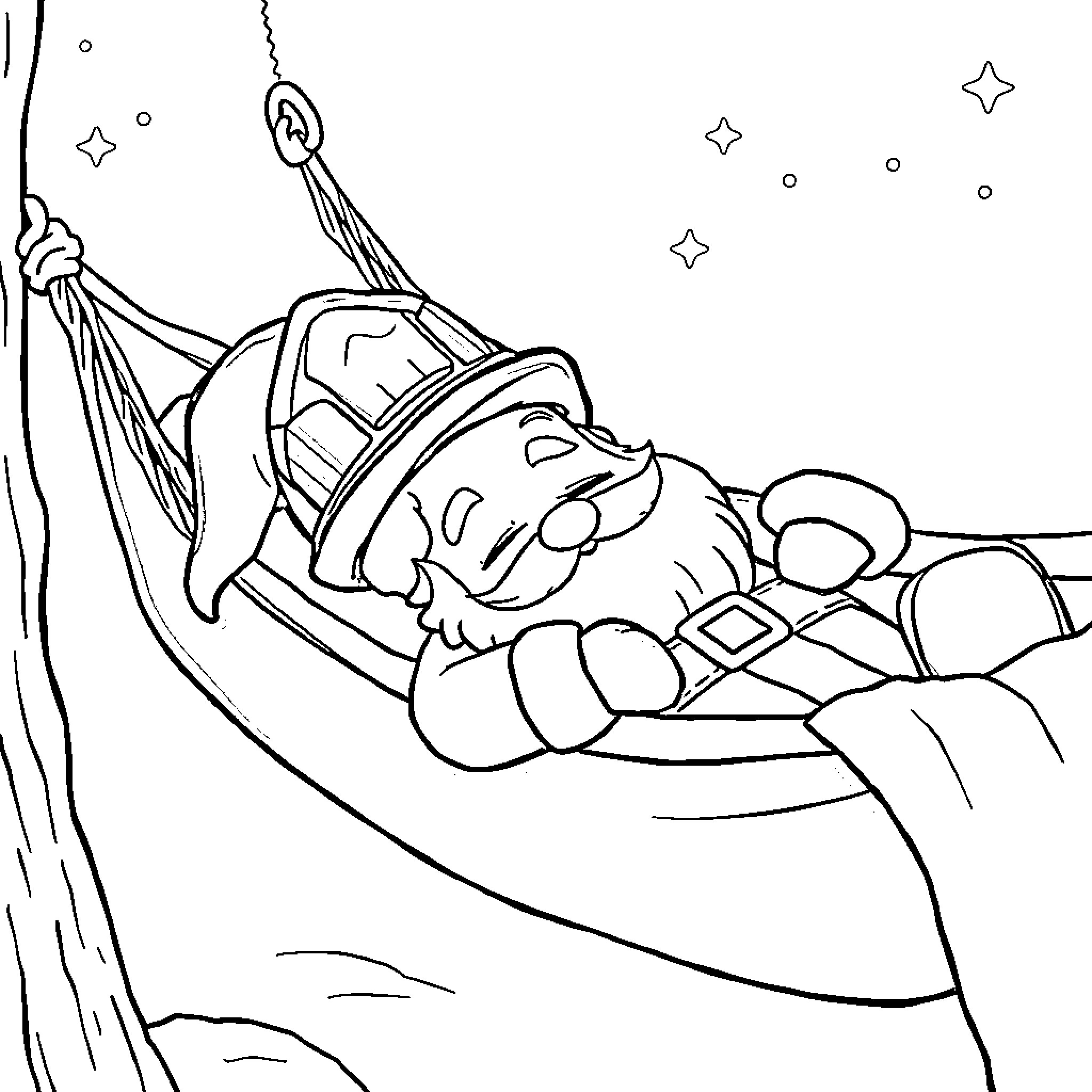 Santa Claus resting in a hammock under the stars Coloring Page (free black-and-white line drawing printable PDF for all, from beginners to advanced learners, including children, teens, adults, and seniors)