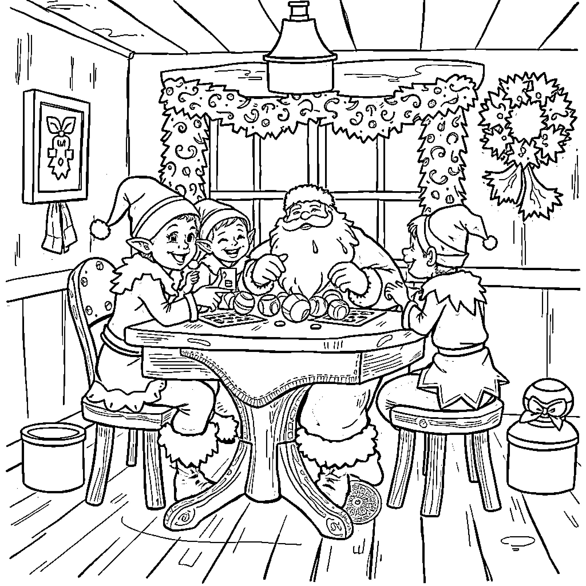 Santa Enjoying a Festive Gathering with Family and Friends Coloring Page (free black-and-white line drawing printable PDF for all, from beginners to advanced learners, including children, teens, adults, and seniors)