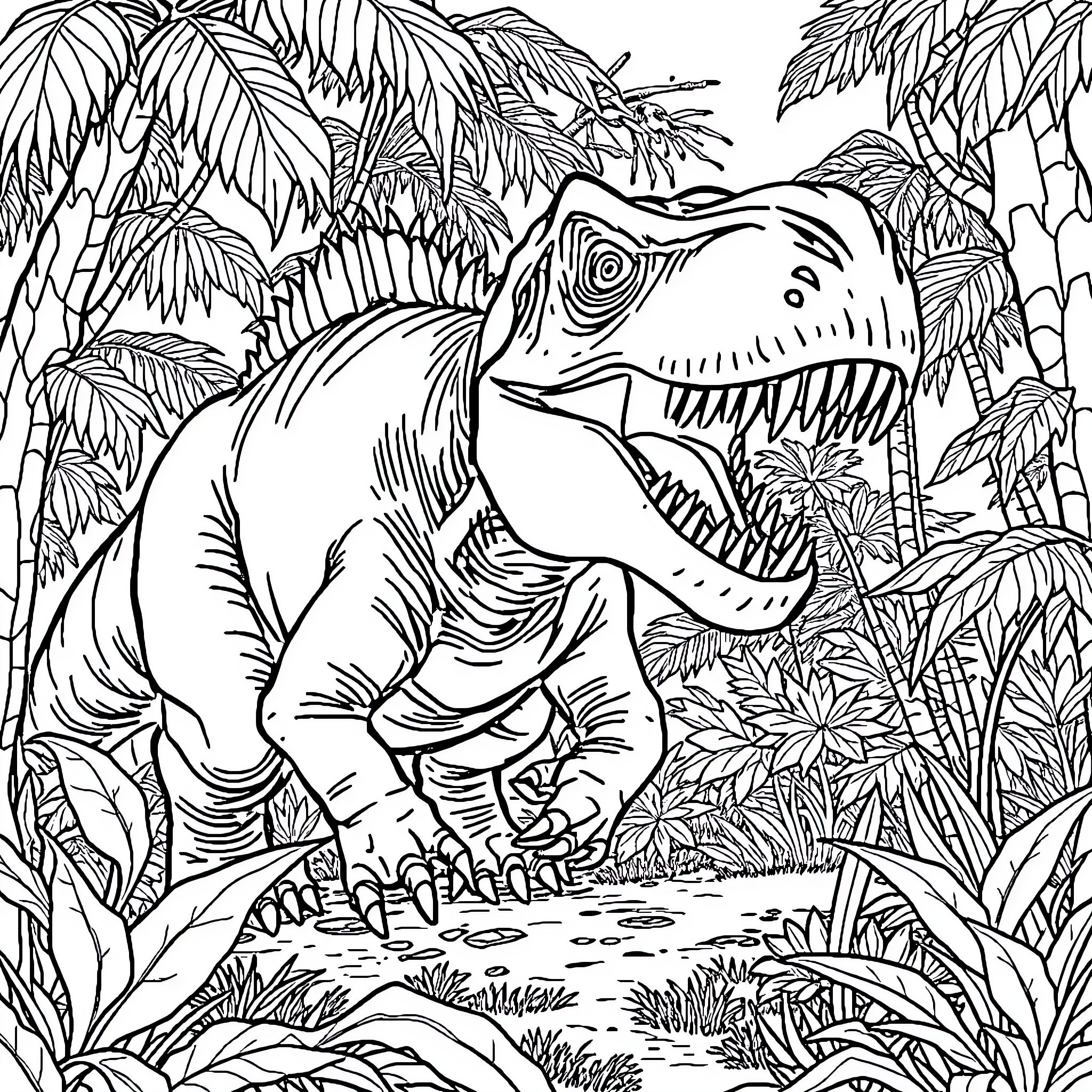 Dinosaur exploring the lush jungle landscape Coloring Page (free black-and-white line drawing printable PDF for all, from beginners to advanced learners, including children, teens, adults, and seniors)