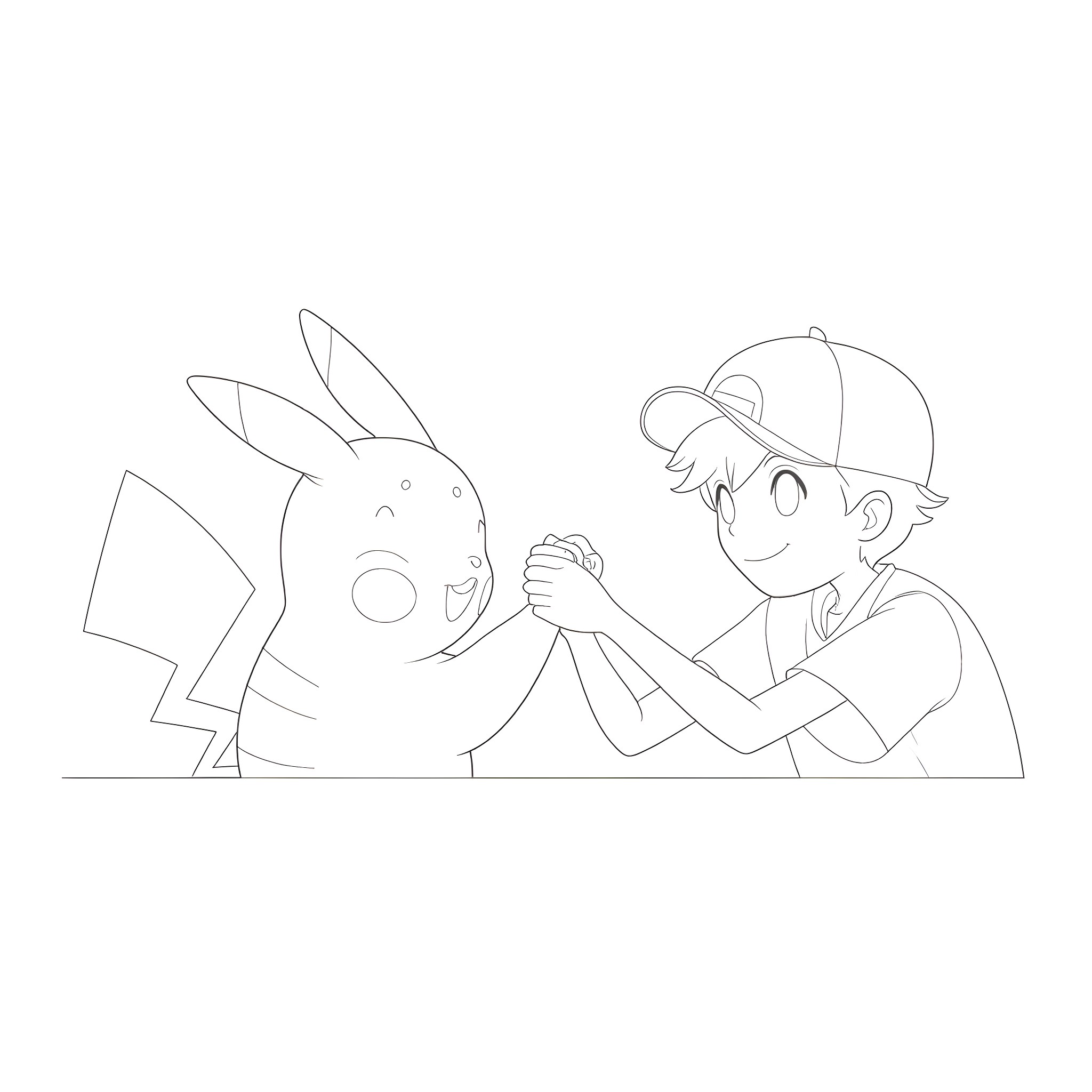 Pikachu and boy arm wrestling playfully Coloring Page (free black-and-white line drawing printable PDF for all, from beginners to advanced learners, including children, teens, adults, and seniors)
