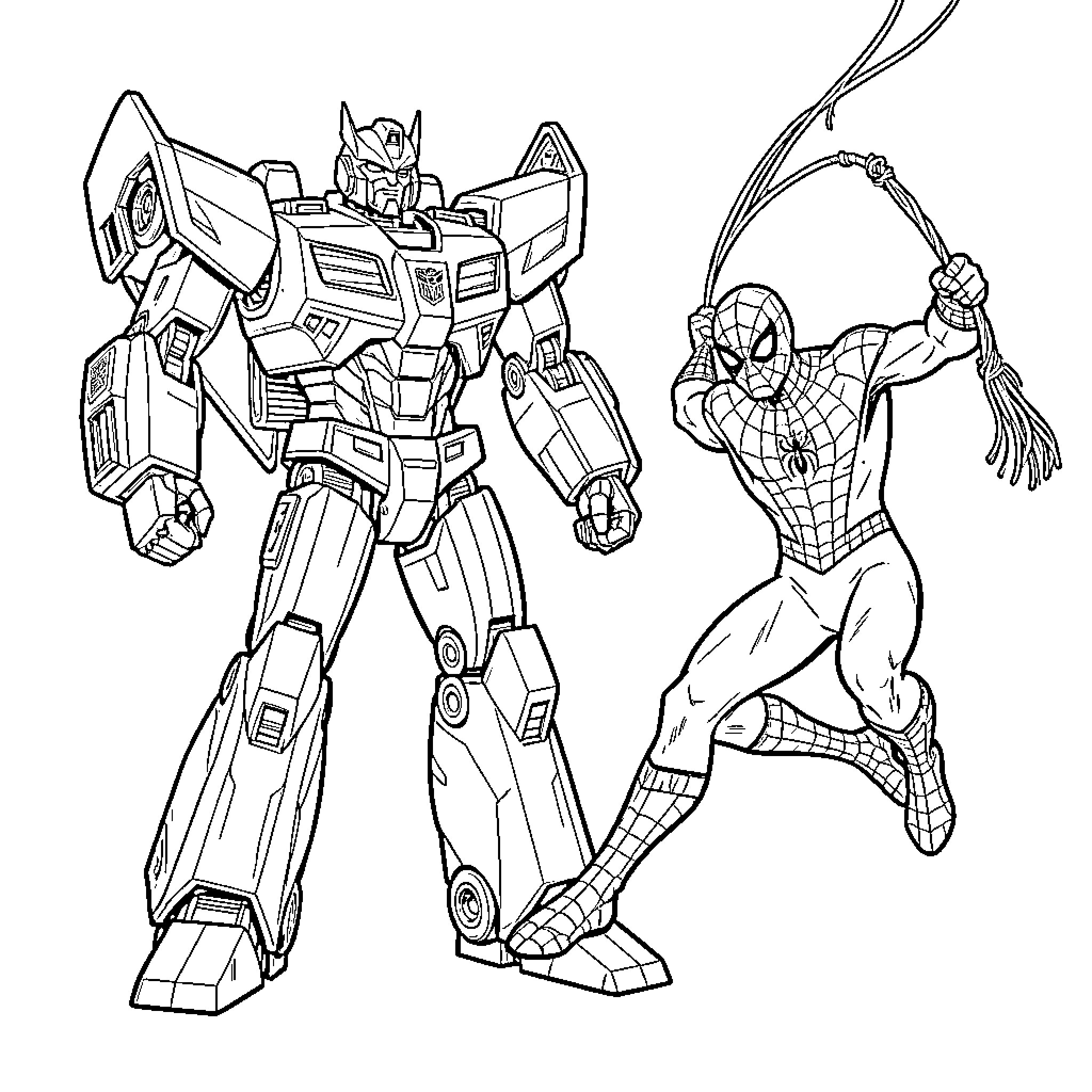 Bumblebee and Spider-Man in action Coloring Page (free black-and-white line drawing printable PDF for all, from beginners to advanced learners, including children, teens, adults, and seniors)