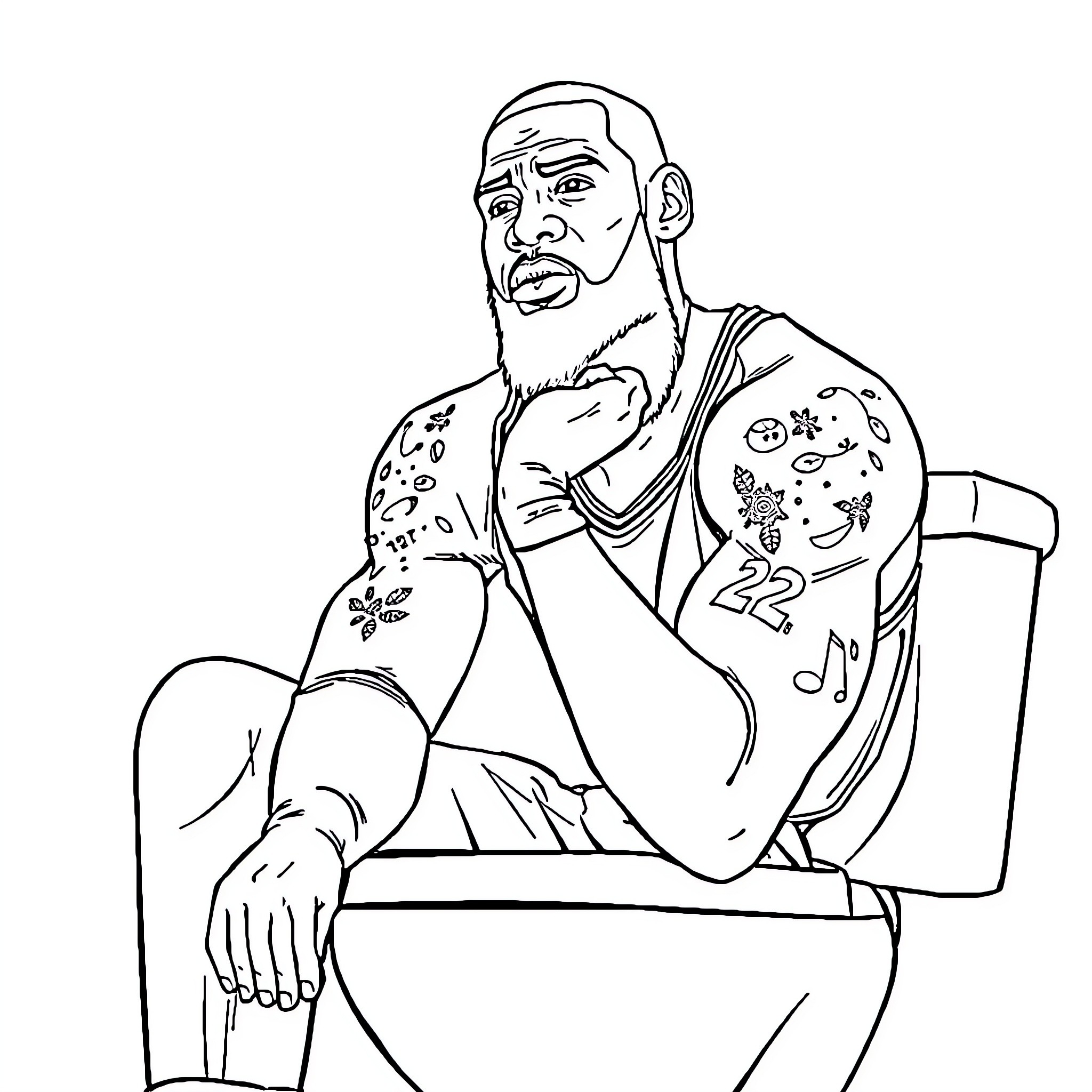 LeBron James sitting in a contemplative pose Coloring Page (free black-and-white line drawing printable PDF for all, from beginners to advanced learners, including children, teens, adults, and seniors)