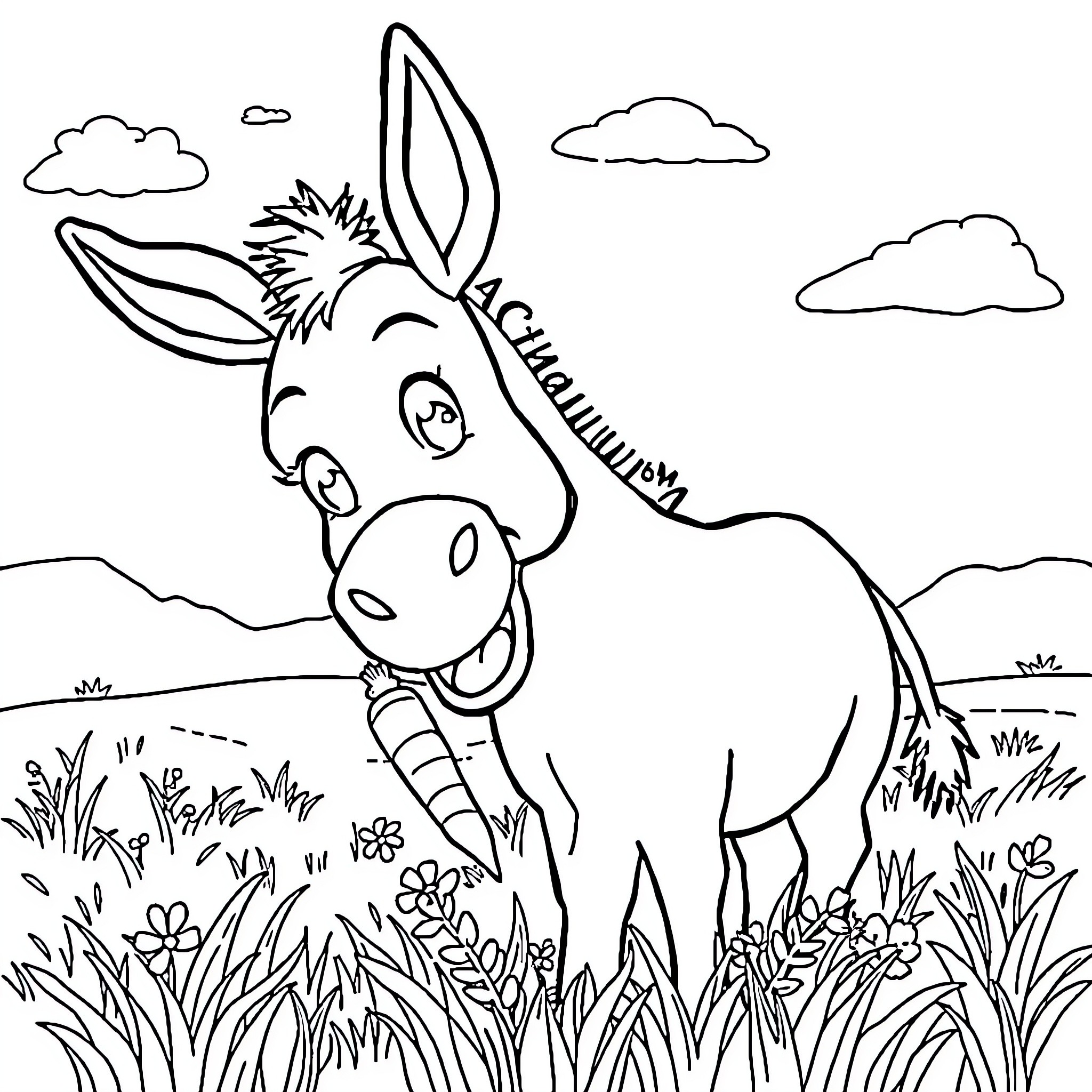 Donkey in a scenic field with flowers Coloring Page (free black-and-white line drawing printable PDF for all, from beginners to advanced learners, including children, teens, adults, and seniors)