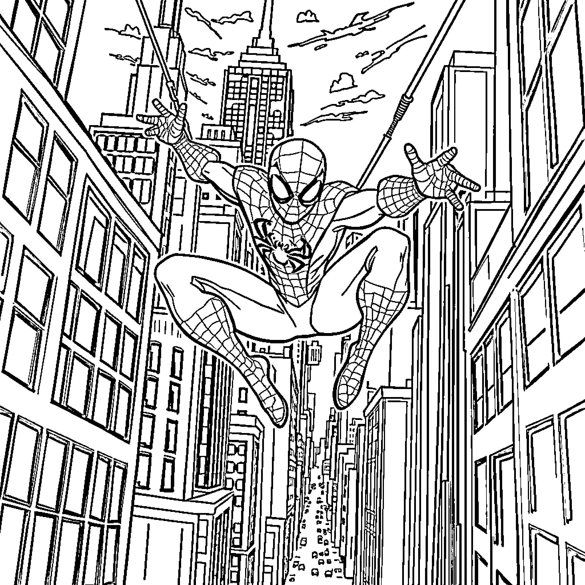 Spidy swinging high above the city streets Coloring Page (free black-and-white line drawing printable PDF for all, from beginners to advanced learners, including children, teens, adults, and seniors)