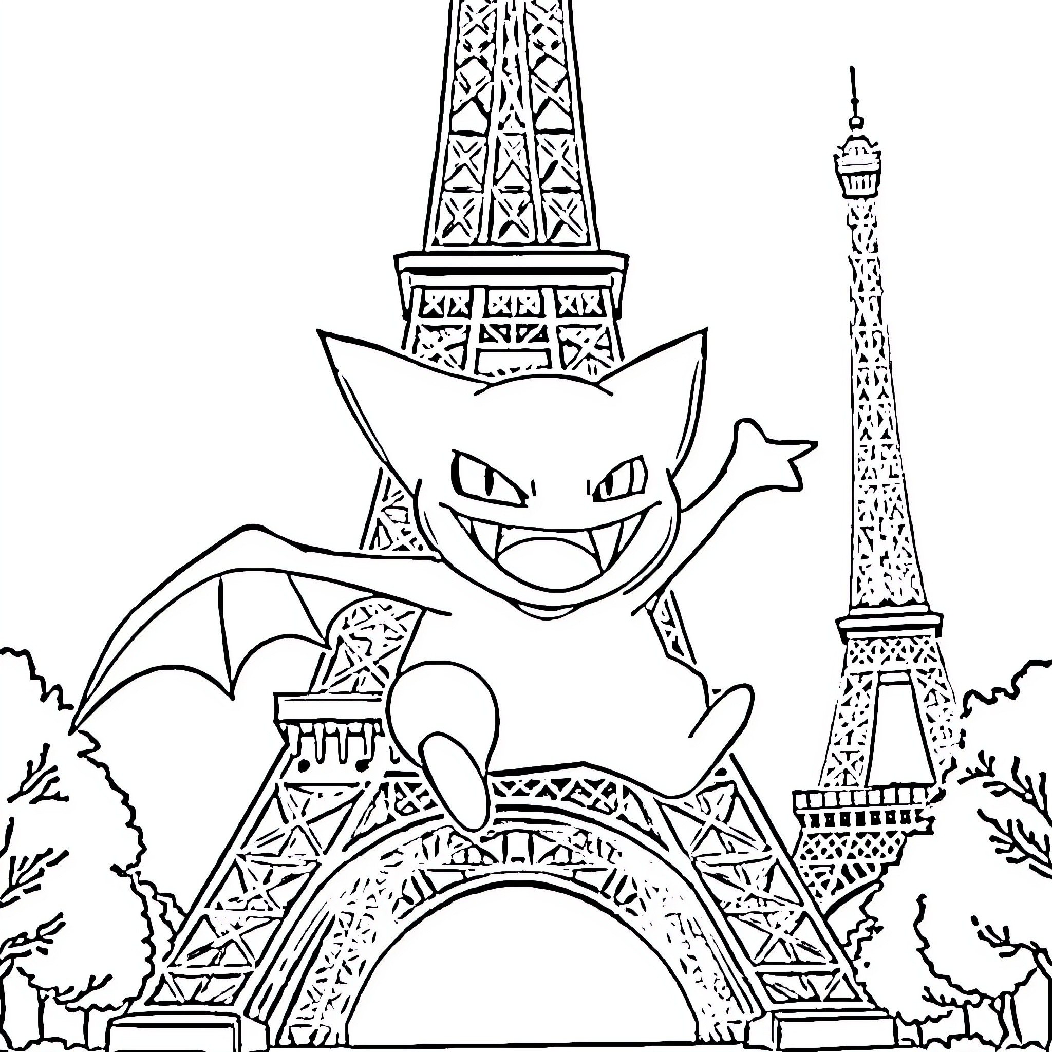 Gengar explores the iconic Eiffel Tower Coloring Page (free black-and-white line drawing printable PDF for all, from beginners to advanced learners, including children, teens, adults, and seniors)
