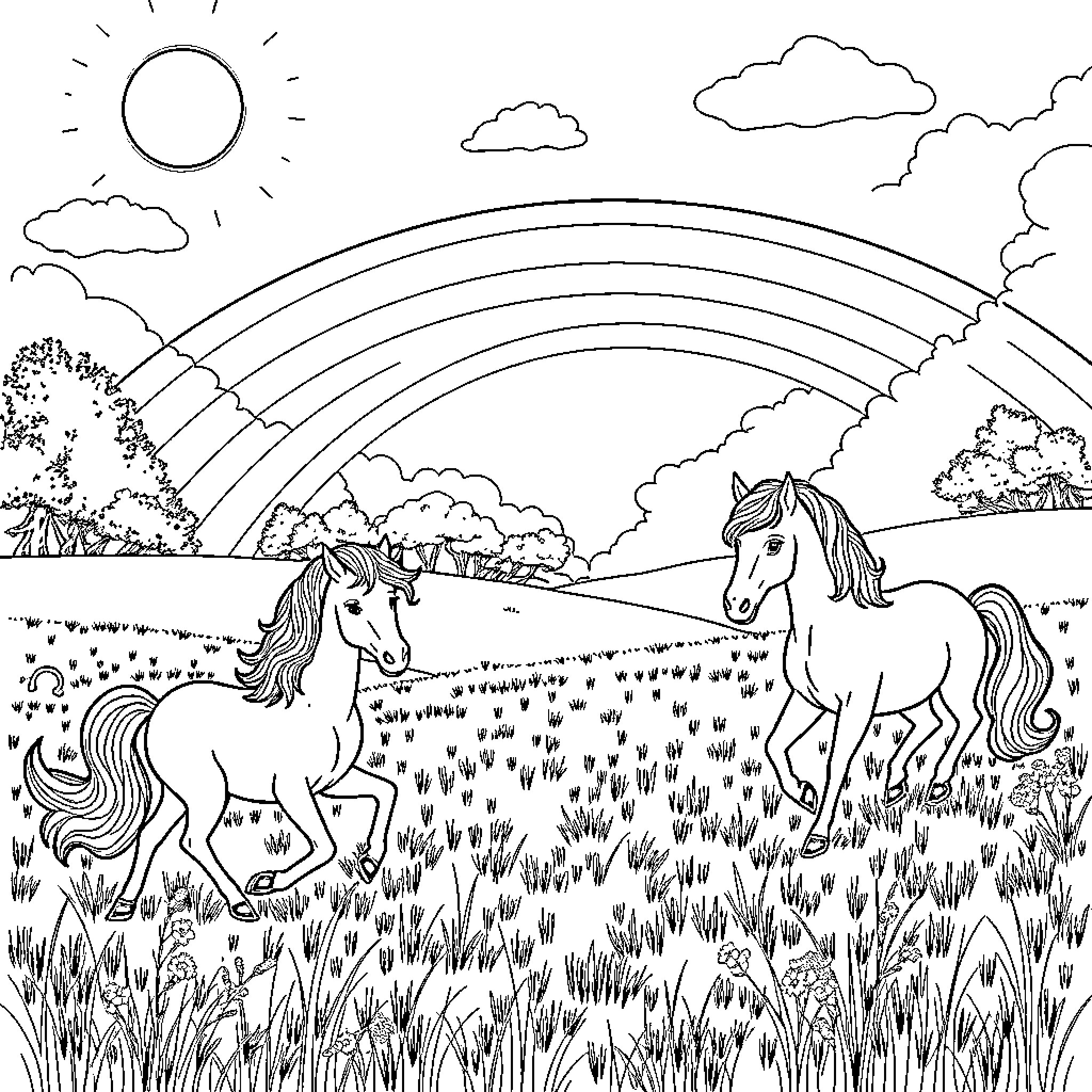 Pony ponies enjoying sunshine and rainbow in meadow Coloring Page (free black-and-white line drawing printable PDF for all, from beginners to advanced learners, including children, teens, adults, and seniors)
