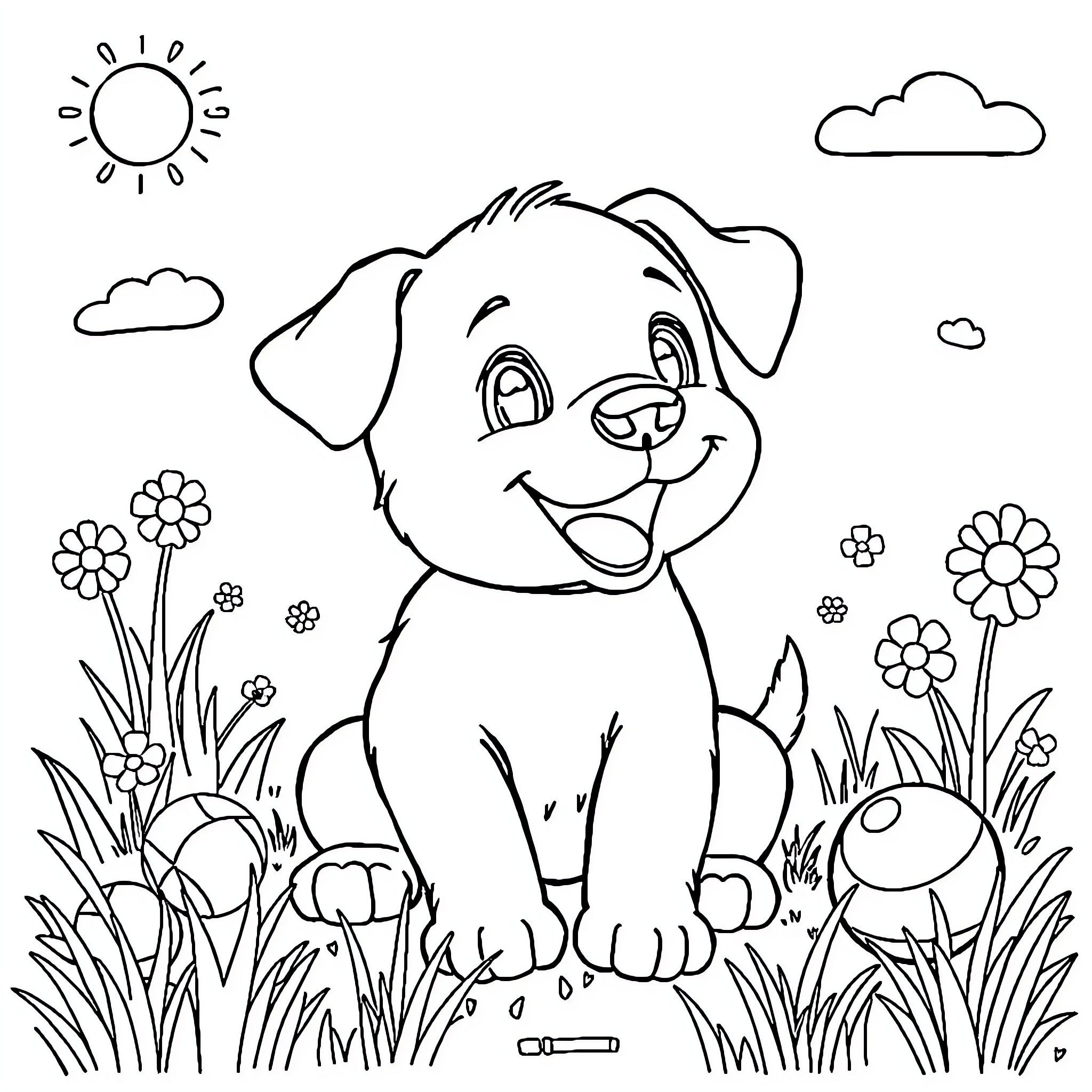 Puppy enjoying a sunny day in the meadow Coloring Page (free black-and-white line drawing printable PDF for all, from beginners to advanced learners, including children, teens, adults, and seniors)