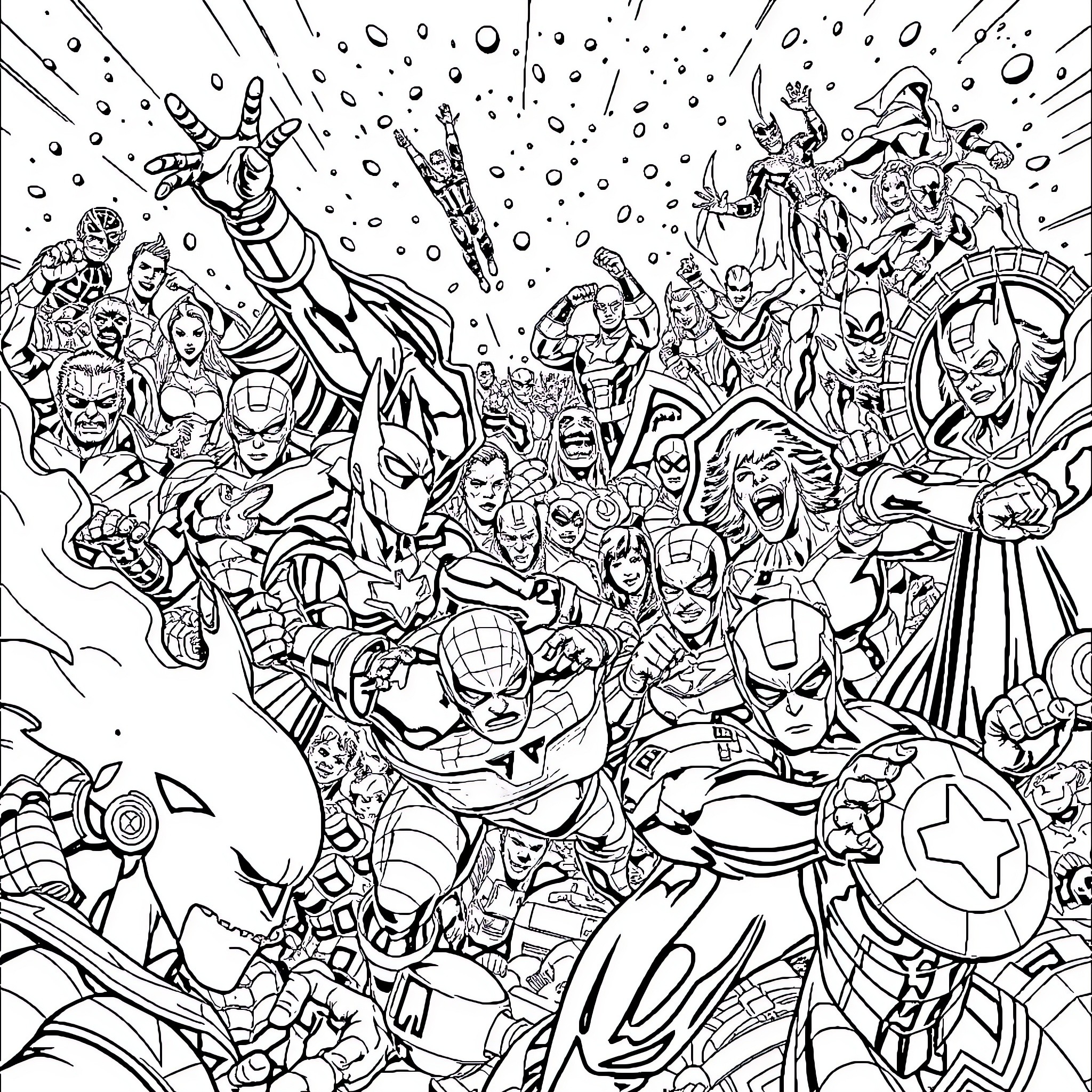 Marvel Characters in Epic Battle Coloring Page (free black-and-white line drawing printable PDF for all, from beginners to advanced learners, including children, teens, adults, and seniors)