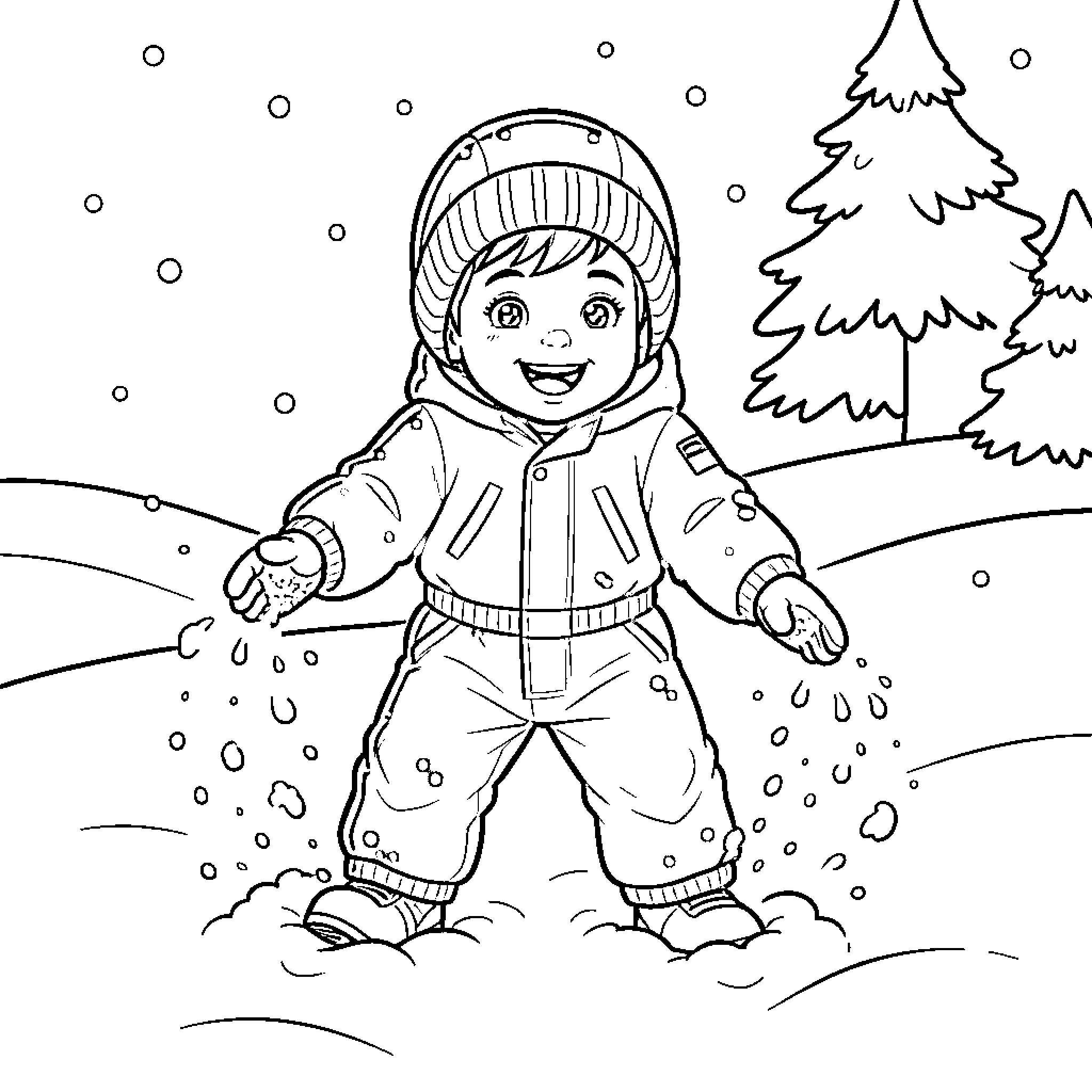 Boy playing in the snowy winter landscape Coloring Page (free black-and-white line drawing printable PDF for all, from beginners to advanced learners, including children, teens, adults, and seniors)