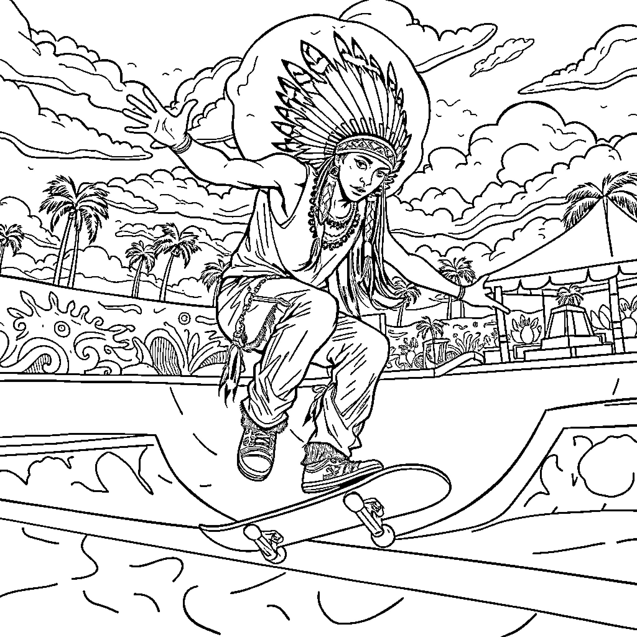 Skateboarder performing tricks at tropical skatepark Coloring Page (free black-and-white line drawing printable PDF for all, from beginners to advanced learners, including children, teens, adults, and seniors)