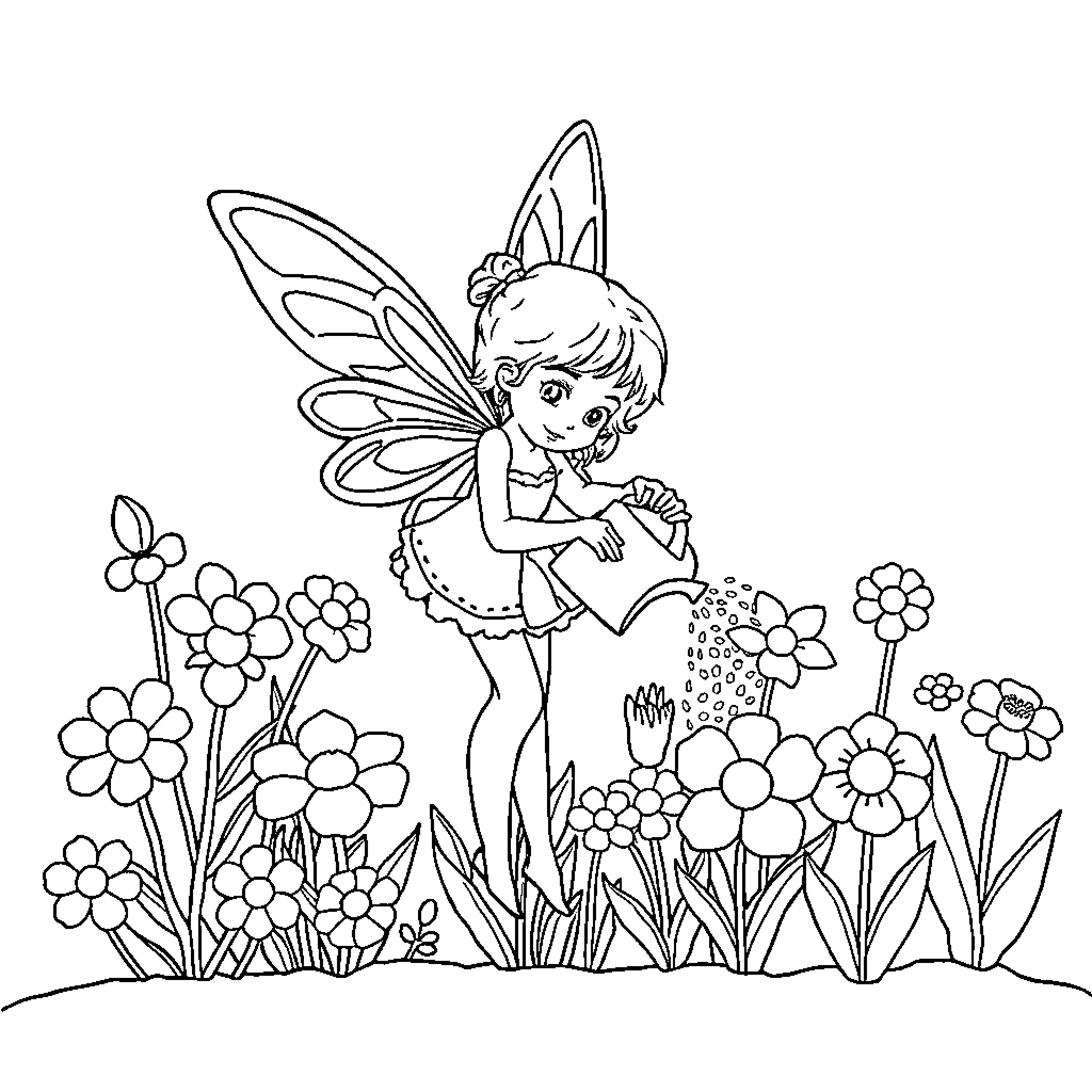 Fairy dancing among blossoming flowers Coloring Page (free black-and-white line drawing printable PDF for all, from beginners to advanced learners, including children, teens, adults, and seniors)