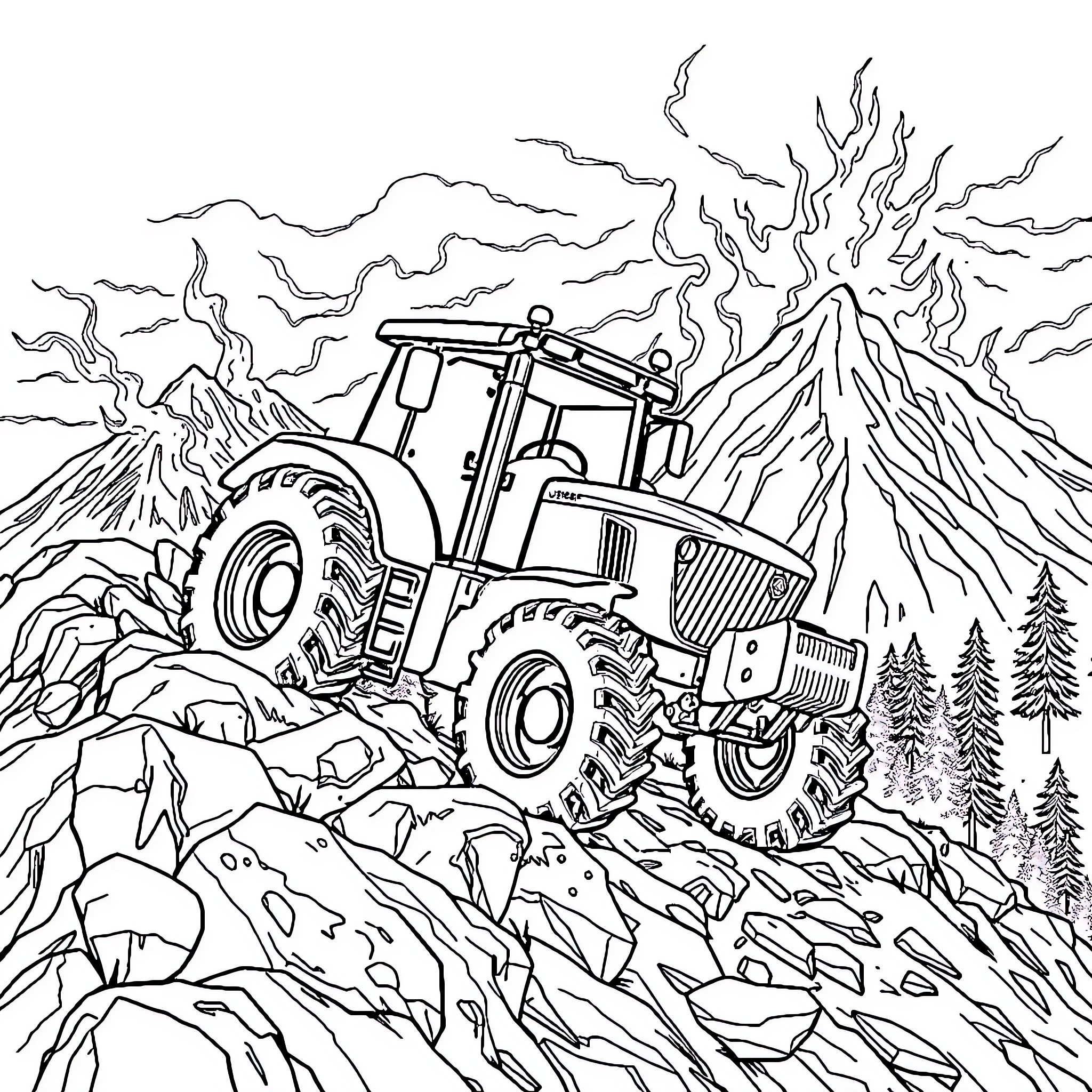 Tractor Navigating Rugged Mountainous Terrain Coloring Page (free black-and-white line drawing printable PDF for all, from beginners to advanced learners, including children, teens, adults, and seniors)
