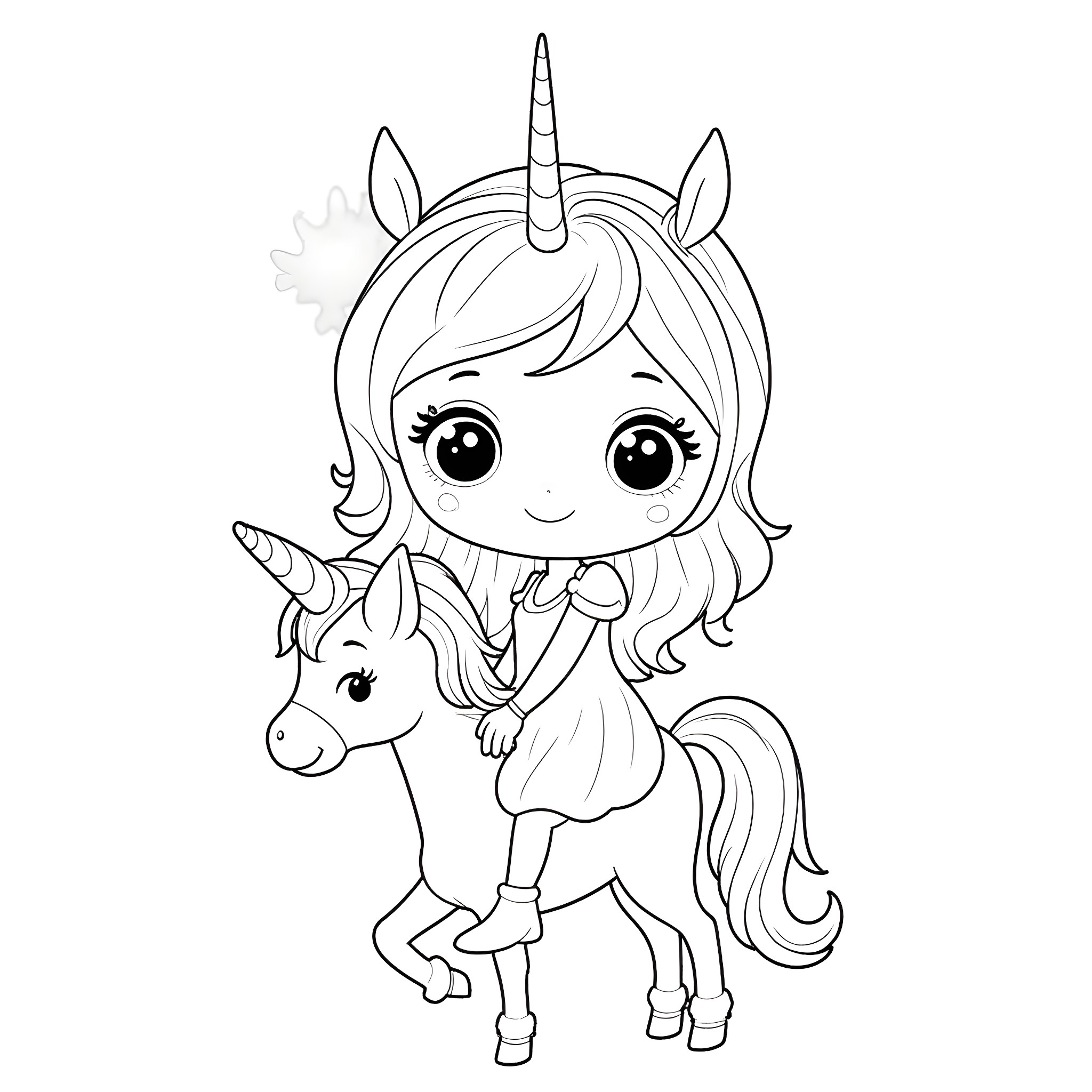 Princess riding a magical unicorn Coloring Page (free black-and-white line drawing printable PDF for all, from beginners to advanced learners, including children, teens, adults, and seniors)