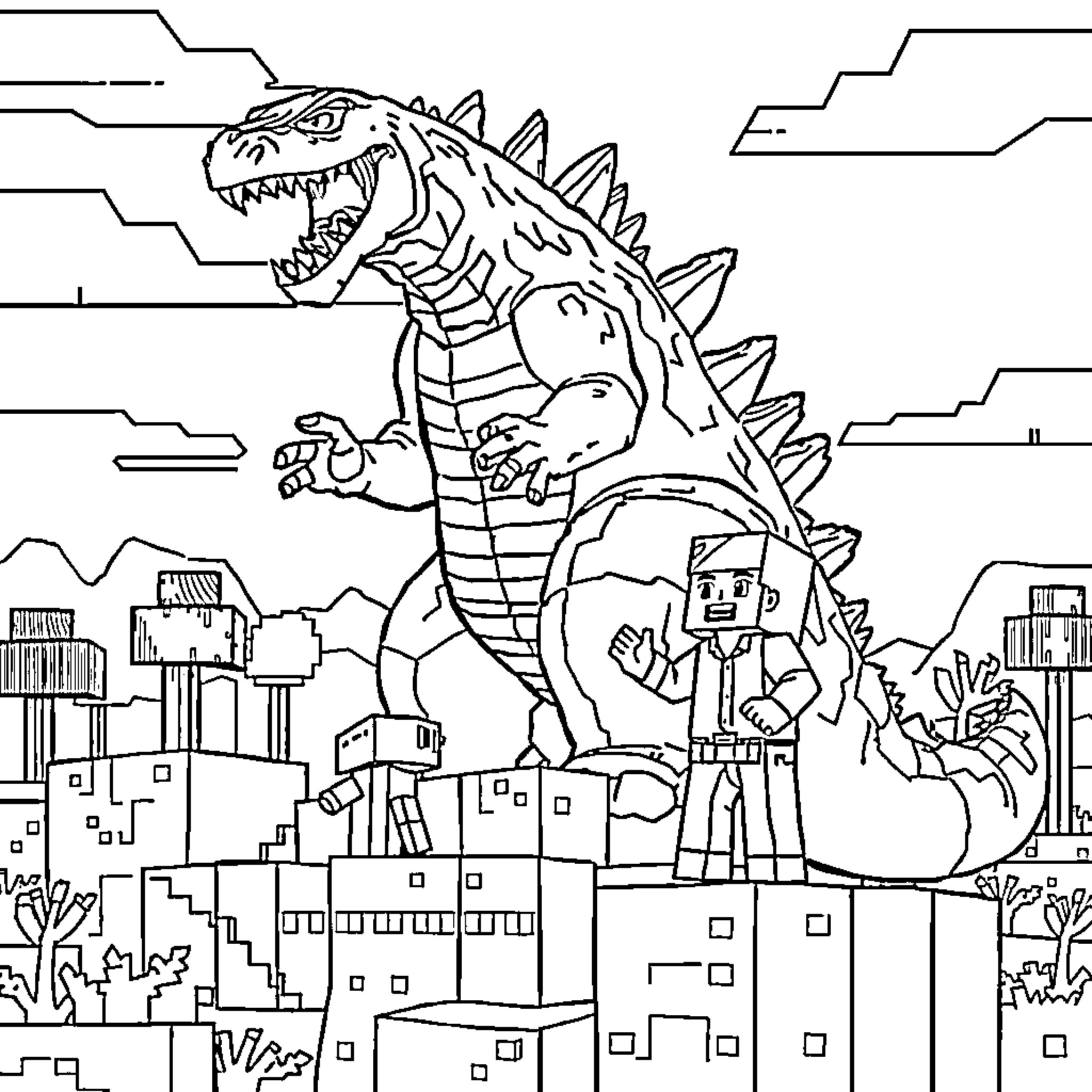 Godzilla rampages through the city Coloring Page (free black-and-white line drawing printable PDF for all, from beginners to advanced learners, including children, teens, adults, and seniors)