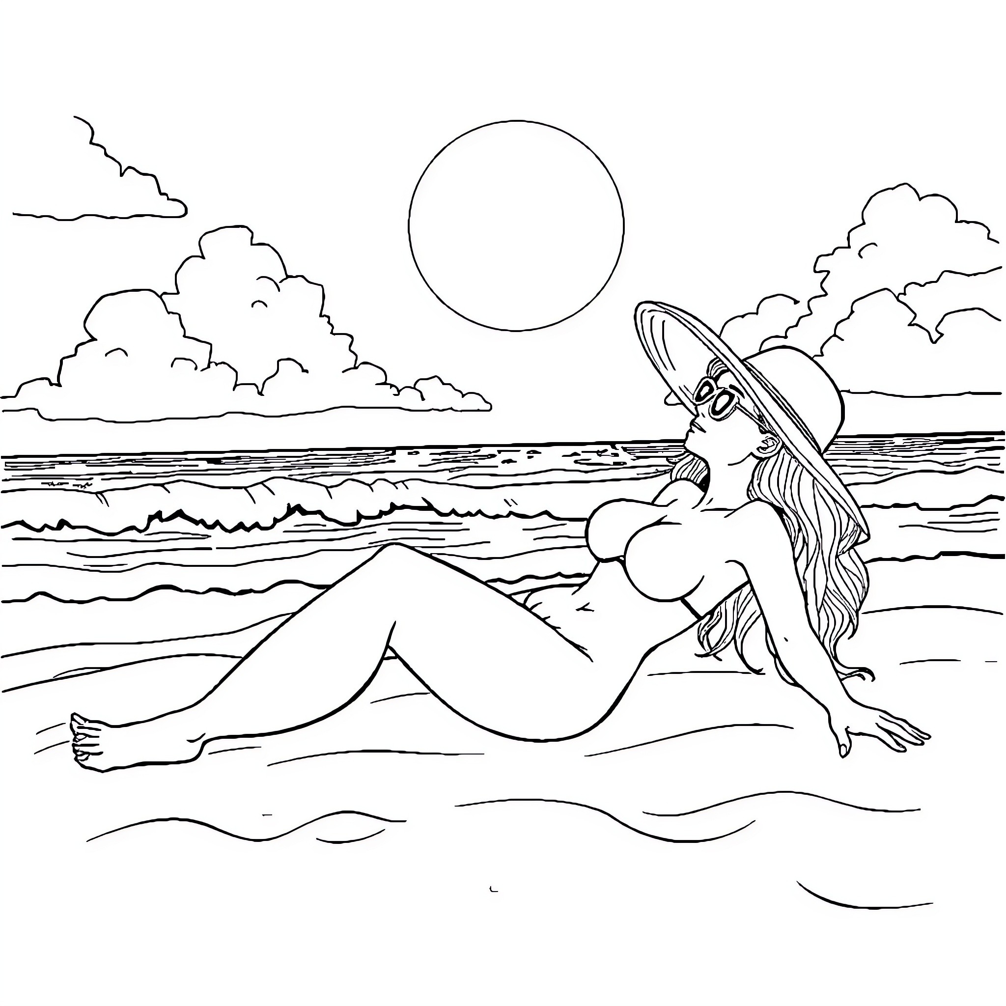 Sorayama's beachside scene with reclining figure Coloring Page (free black-and-white line drawing printable PDF for all, from beginners to advanced learners, including children, teens, adults, and seniors)