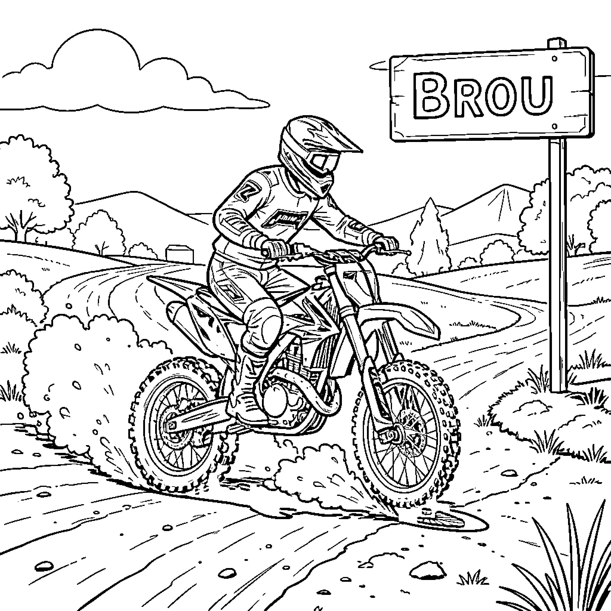 Motocross rider racing through a dirt track Coloring Page (free black-and-white line drawing printable PDF for all, from beginners to advanced learners, including children, teens, adults, and seniors)