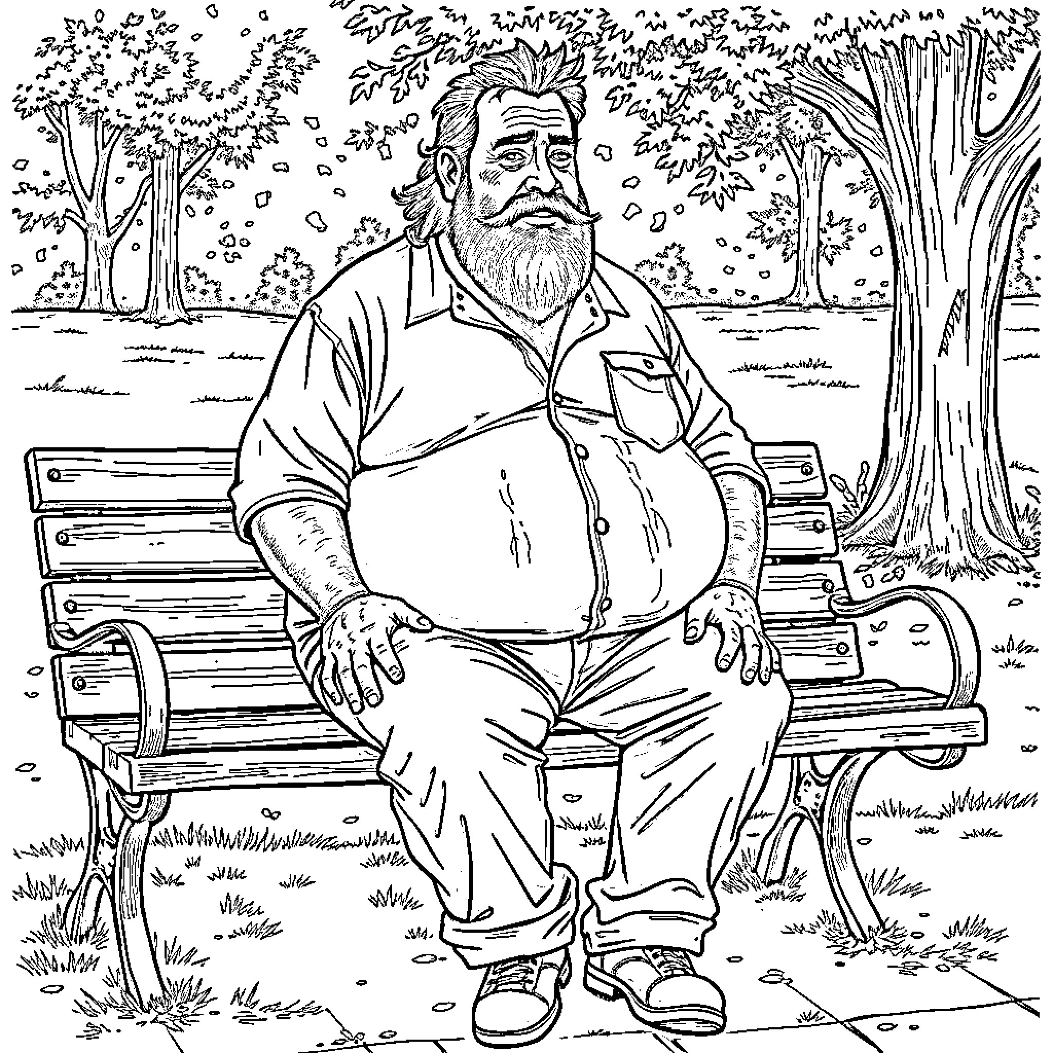 Man sitting on a bench in a park Coloring Page (free black-and-white line drawing printable PDF for all, from beginners to advanced learners, including children, teens, adults, and seniors)