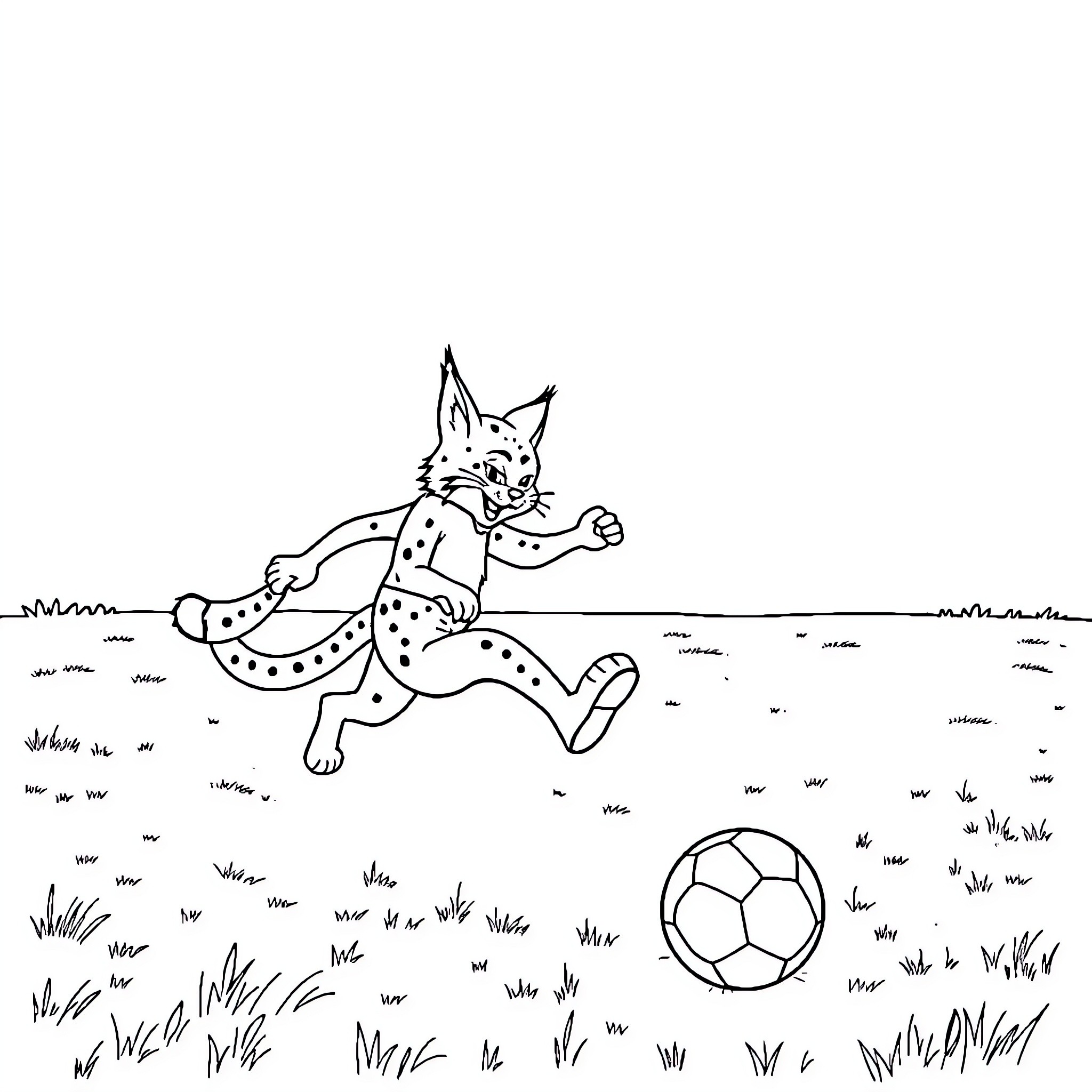 Lynx playing with soccer ball in the field Coloring Page (free black-and-white line drawing printable PDF for all, from beginners to advanced learners, including children, teens, adults, and seniors)