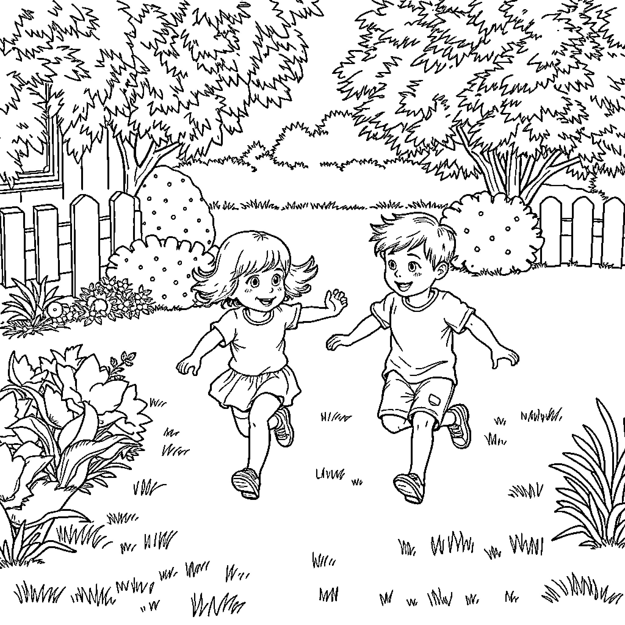 Kid playing happily in the garden Coloring Page (free black-and-white line drawing printable PDF for all, from beginners to advanced learners, including children, teens, adults, and seniors)