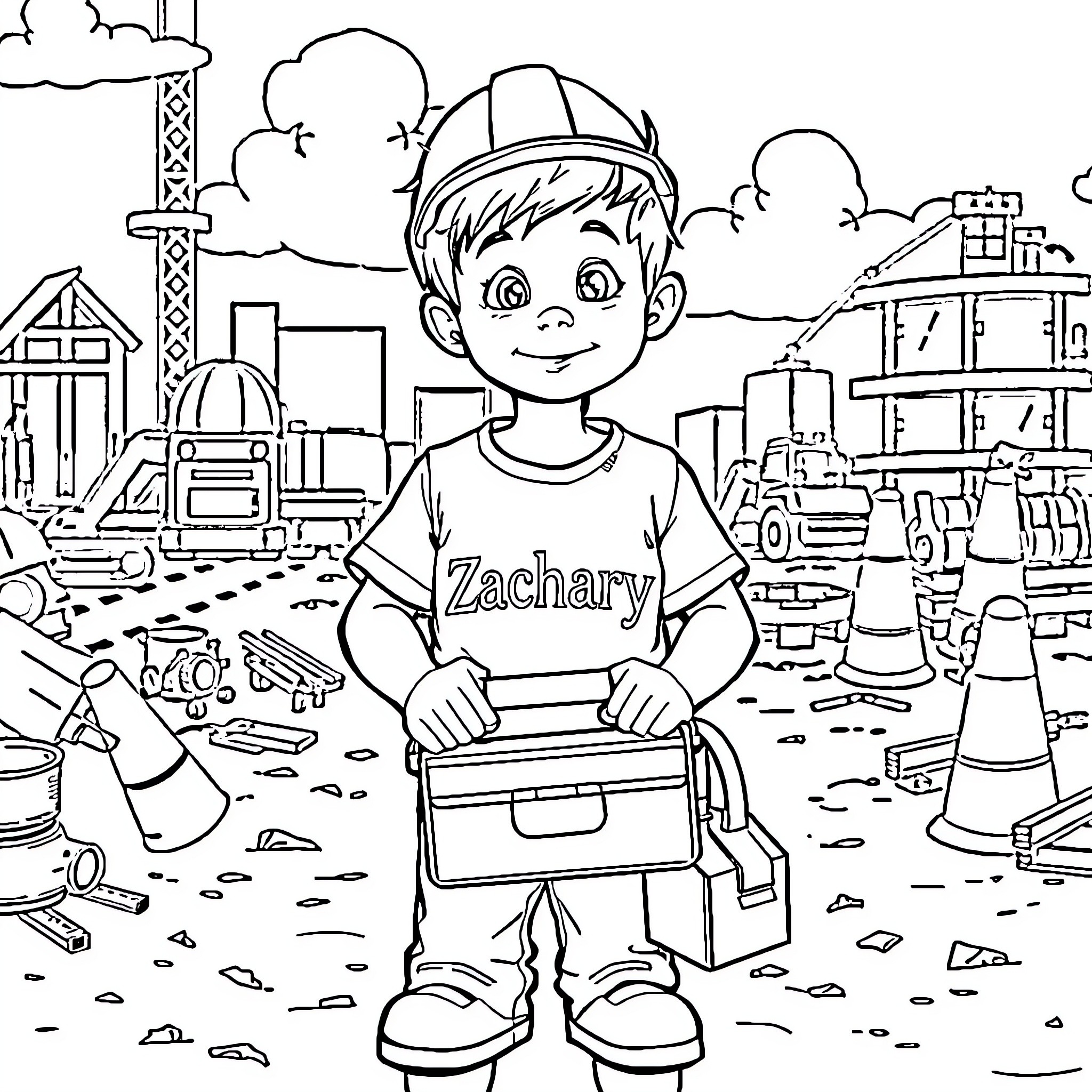 Boy working on construction site with tools and equipment Coloring Page (free black-and-white line drawing printable PDF for all, from beginners to advanced learners, including children, teens, adults, and seniors)