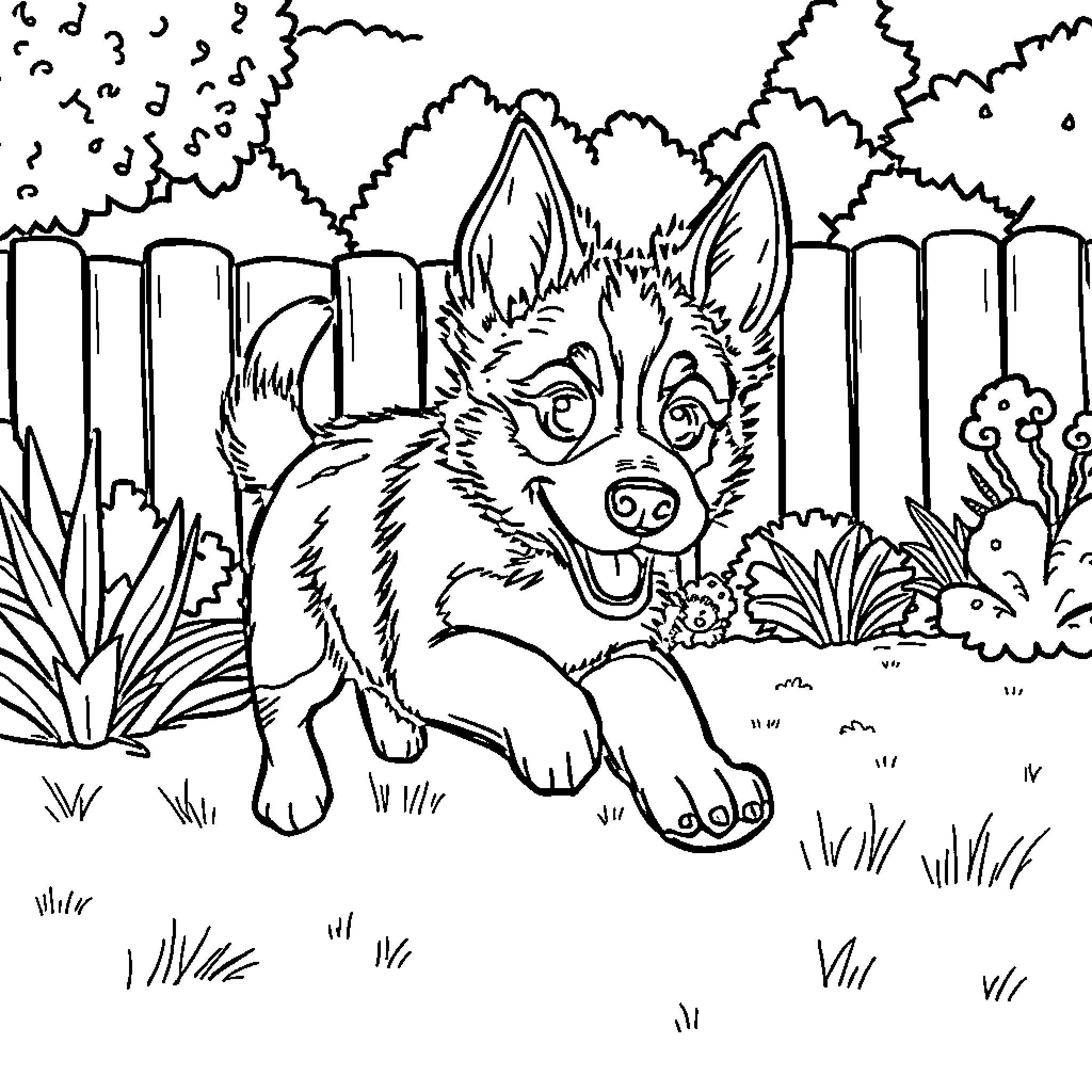 Bluey playing happily in the backyard Coloring Page (free black-and-white line drawing printable PDF for all, from beginners to advanced learners, including children, teens, adults, and seniors)