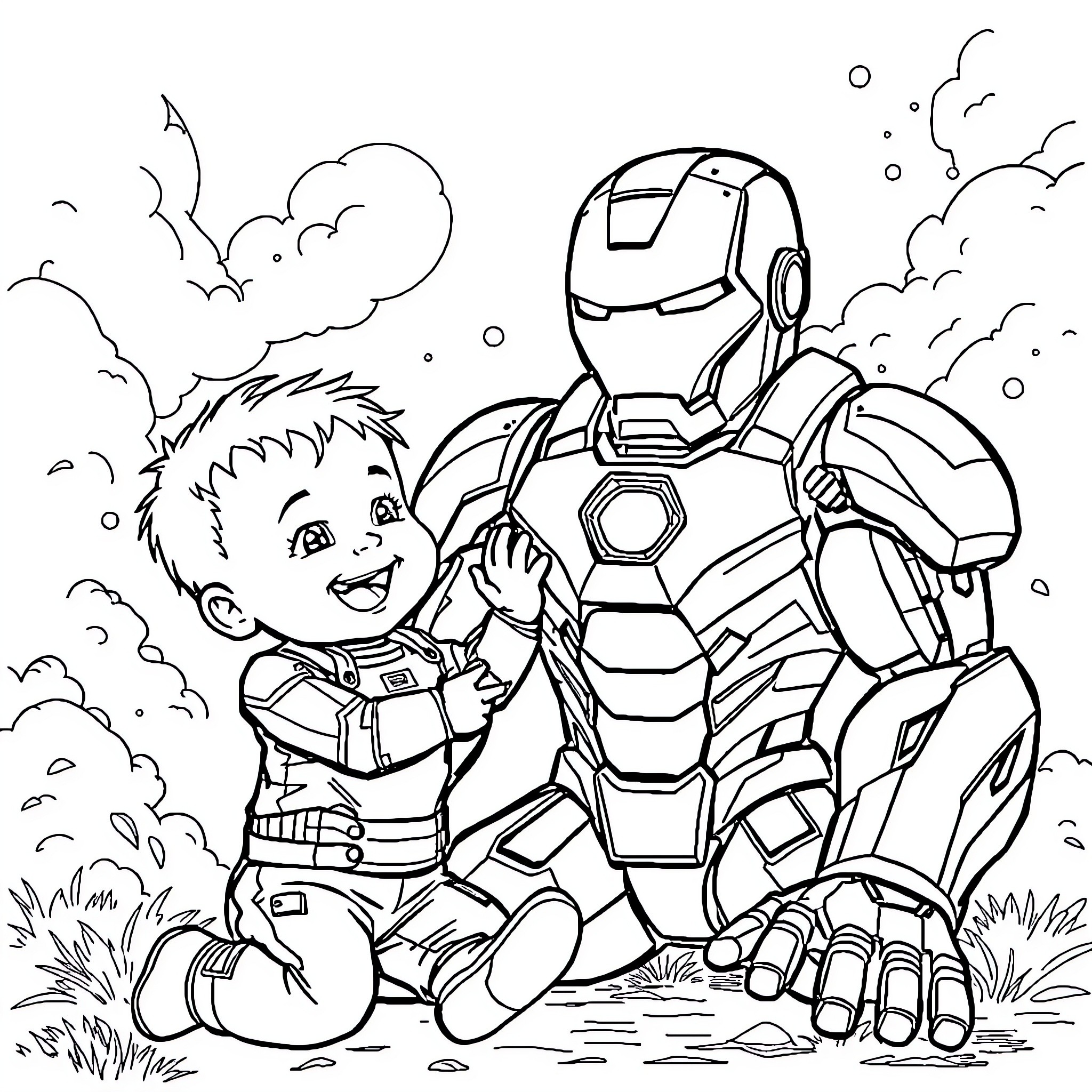 Baby bonding with his superhero friend Coloring Page (free black-and-white line drawing printable PDF for all, from beginners to advanced learners, including children, teens, adults, and seniors)