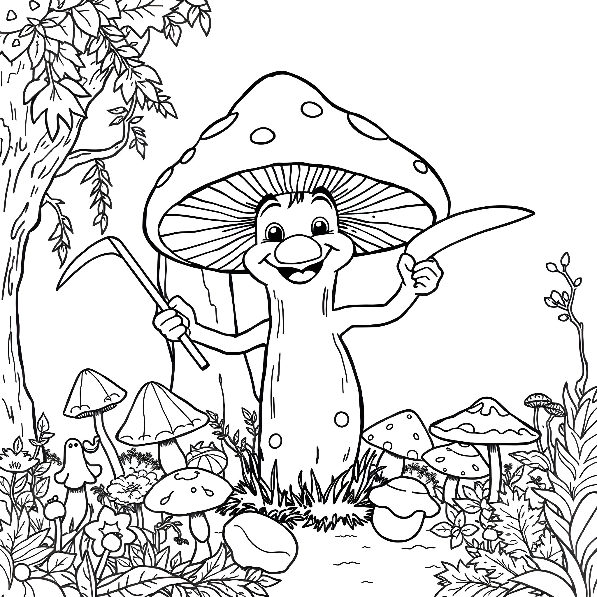 Mushroom Man Exploring the Enchanted Mushroom Forest Coloring Page (free black-and-white line drawing printable PDF for all, from beginners to advanced learners, including children, teens, adults, and seniors)