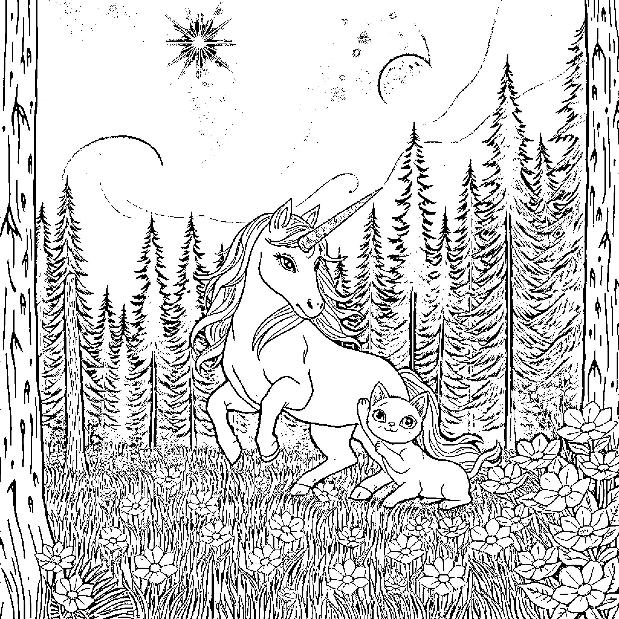 Unicorn and kitten frolicking in magical forest Coloring Page (free black-and-white line drawing printable PDF for all, from beginners to advanced learners, including children, teens, adults, and seniors)