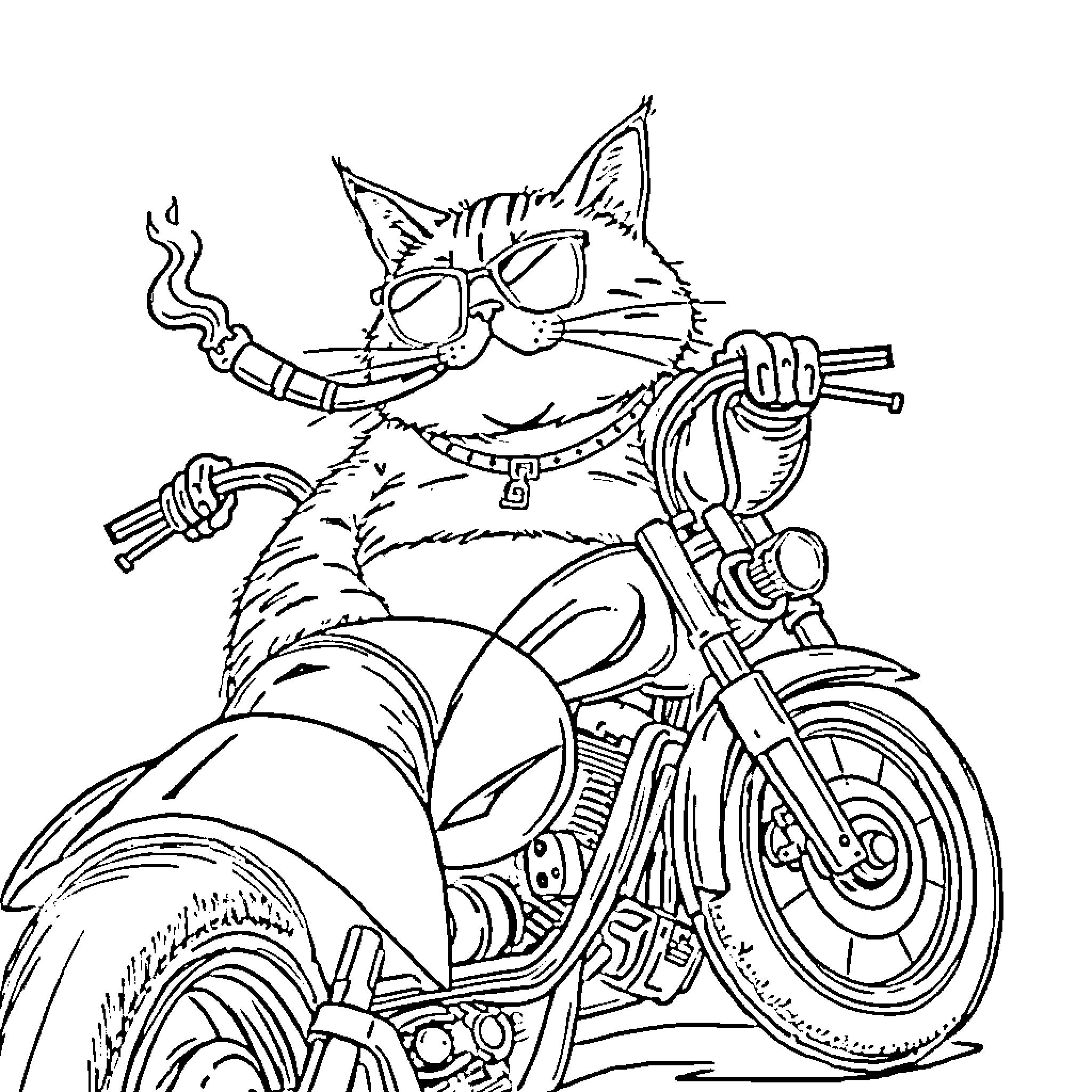 Cat riding a motorcycle with attitude Coloring Page (free black-and-white line drawing printable PDF for all, from beginners to advanced learners, including children, teens, adults, and seniors)