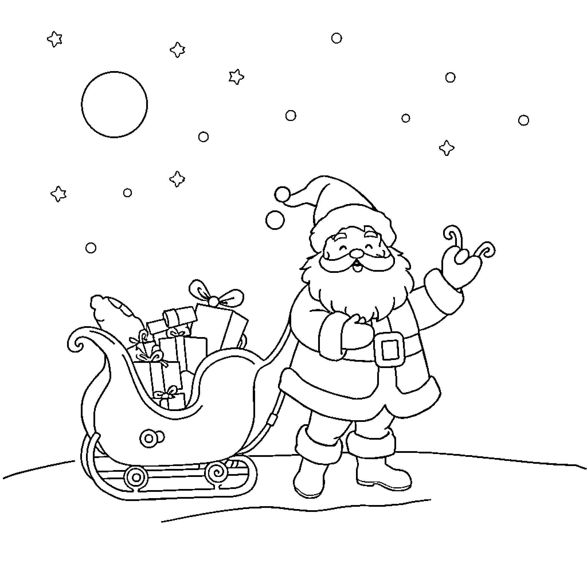 Santa Claus delivering presents in his sleigh Coloring Page (free black-and-white line drawing printable PDF for all, from beginners to advanced learners, including children, teens, adults, and seniors)