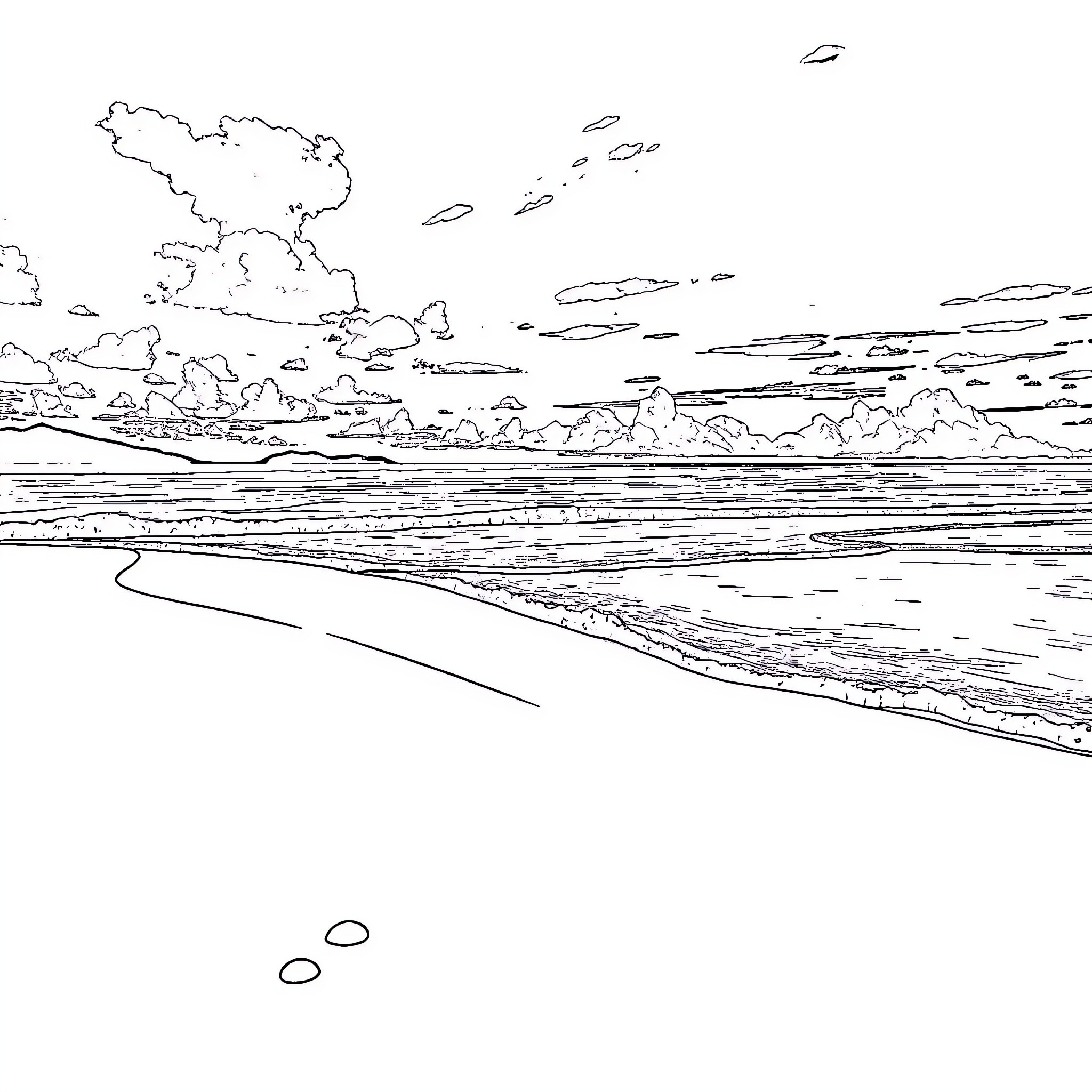 Beach scene with cloudy sky and horizon Coloring Page (free black-and-white line drawing printable PDF for all, from beginners to advanced learners, including children, teens, adults, and seniors)