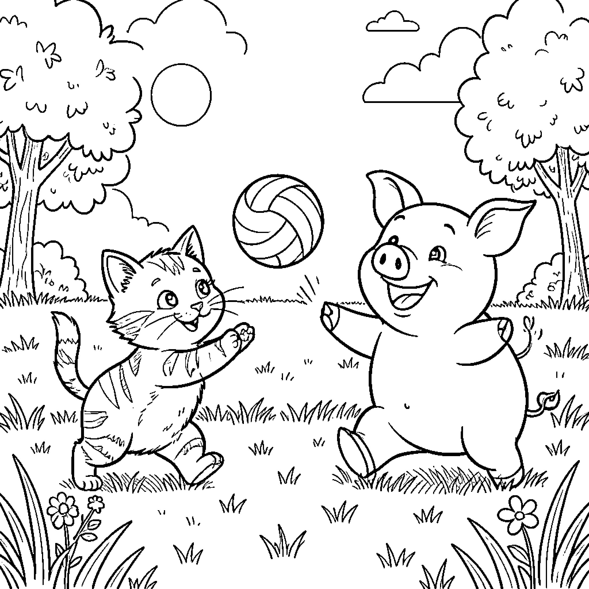Kitten and piglet playing with a ball outdoors Coloring Page (free black-and-white line drawing printable PDF for all, from beginners to advanced learners, including children, teens, adults, and seniors)