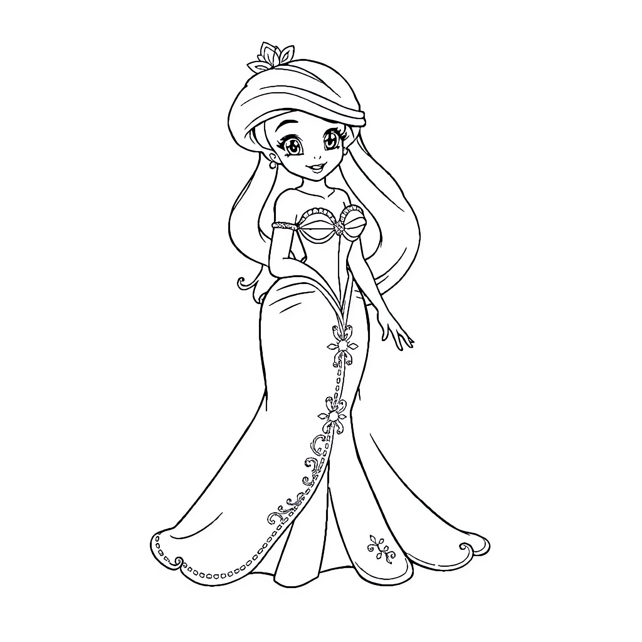 Ariel posing gracefully in her mermaid attire Coloring Page (free black-and-white line drawing printable PDF for all, from beginners to advanced learners, including children, teens, adults, and seniors)