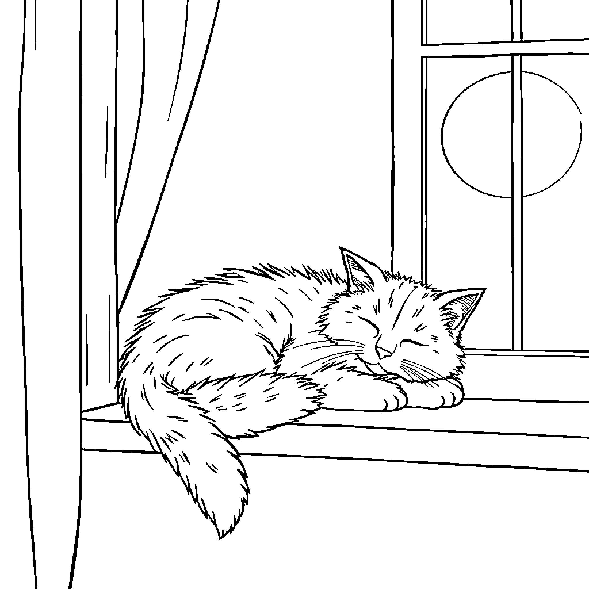 Cat napping peacefully on the windowsill Coloring Page (free black-and-white line drawing printable PDF for all, from beginners to advanced learners, including children, teens, adults, and seniors)