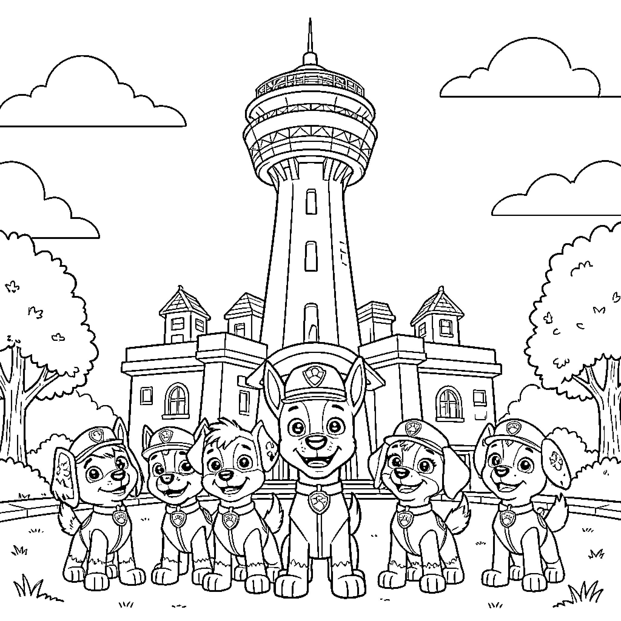Paw Patrol pups posing together in front of Lookout Tower Coloring Page (free black-and-white line drawing printable PDF for all, from beginners to advanced learners, including children, teens, adults, and seniors)