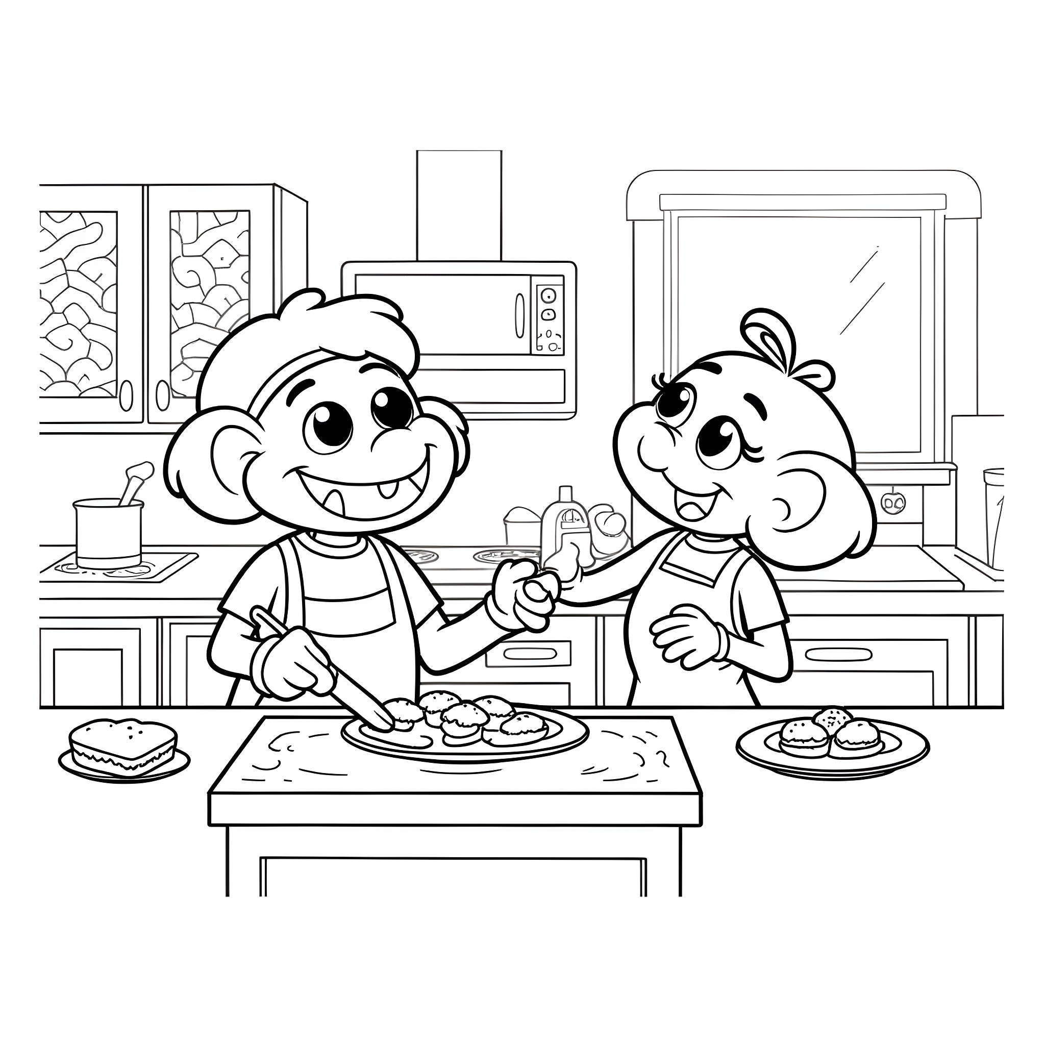 Fraggle friends cooking together in the kitchen Coloring Page (free black-and-white line drawing printable PDF for all, from beginners to advanced learners, including children, teens, adults, and seniors)