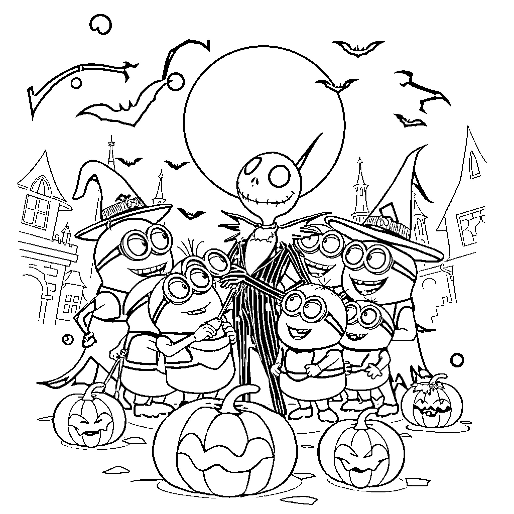 MegaMinion Halloween Celebration Coloring Page (free black-and-white line drawing printable PDF for all, from beginners to advanced learners, including children, teens, adults, and seniors)