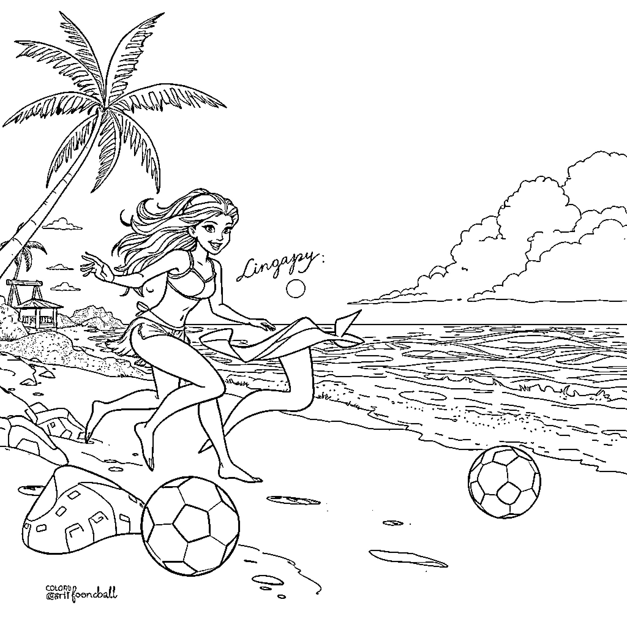 Cinderella playing soccer on the beach Coloring Page (free black-and-white line drawing printable PDF for all, from beginners to advanced learners, including children, teens, adults, and seniors)
