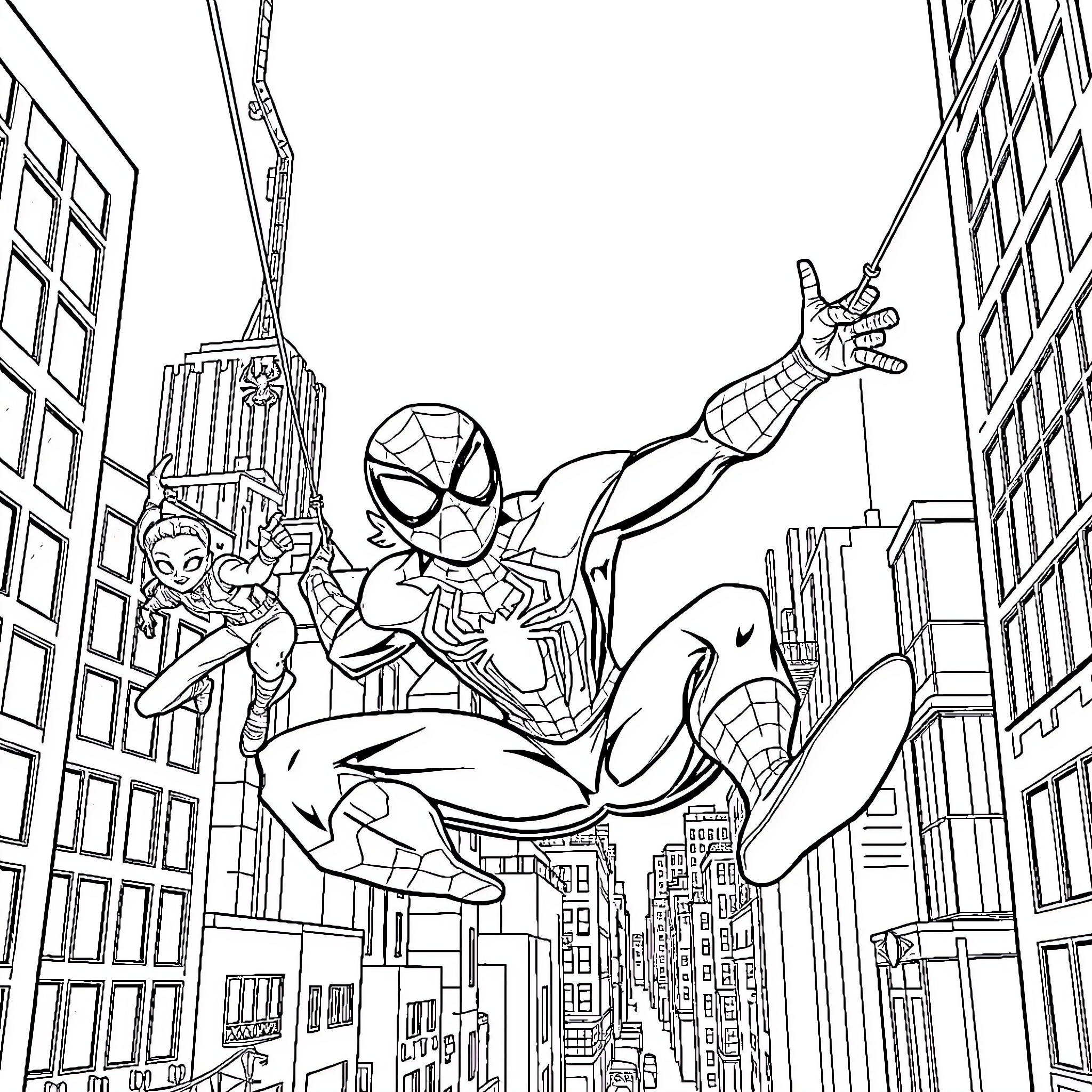 Spider-Man swinging through the city Coloring Page (free black-and-white line drawing printable PDF for all, from beginners to advanced learners, including children, teens, adults, and seniors)