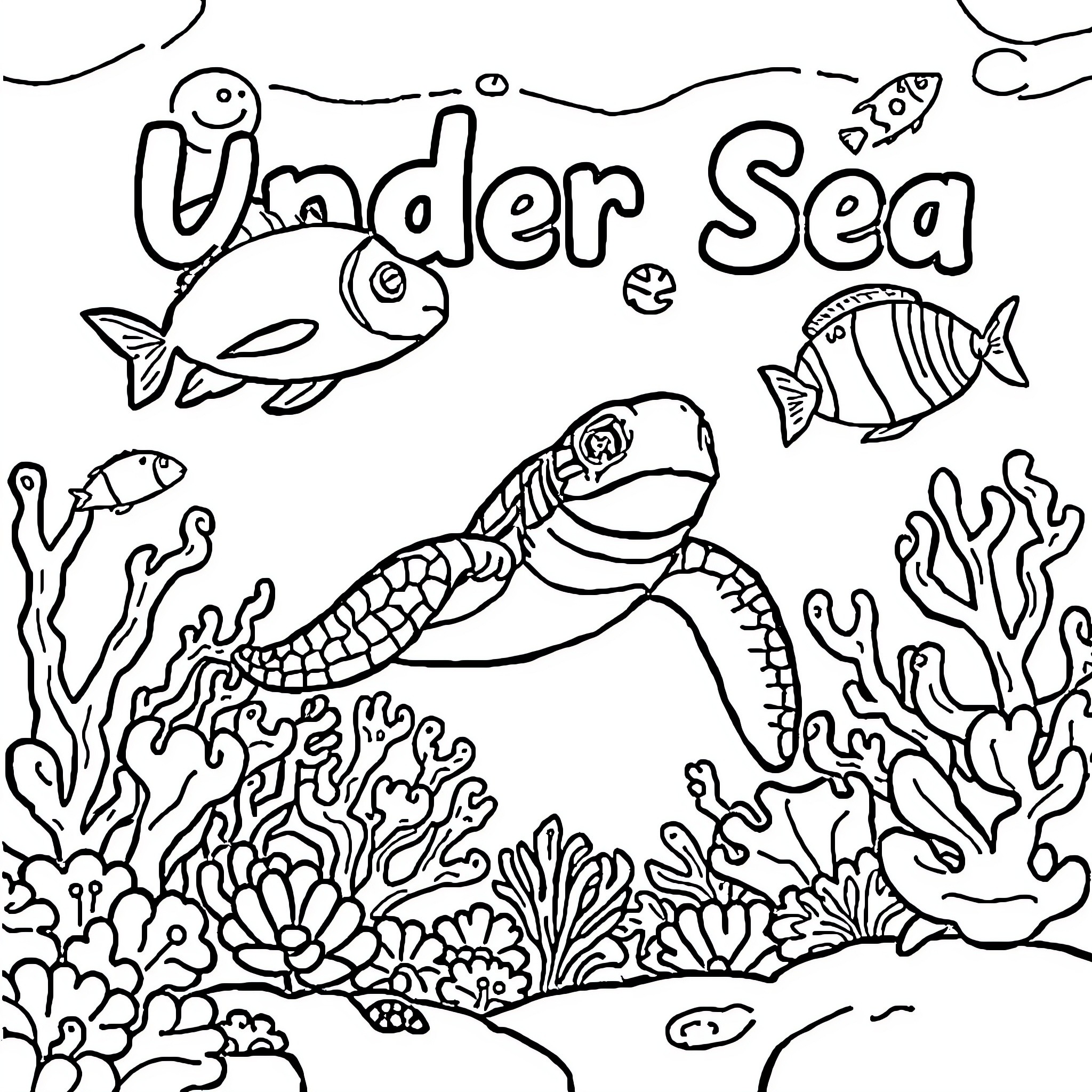 Sea creatures swimming in the underwater world Coloring Page (free black-and-white line drawing printable PDF for all, from beginners to advanced learners, including children, teens, adults, and seniors)