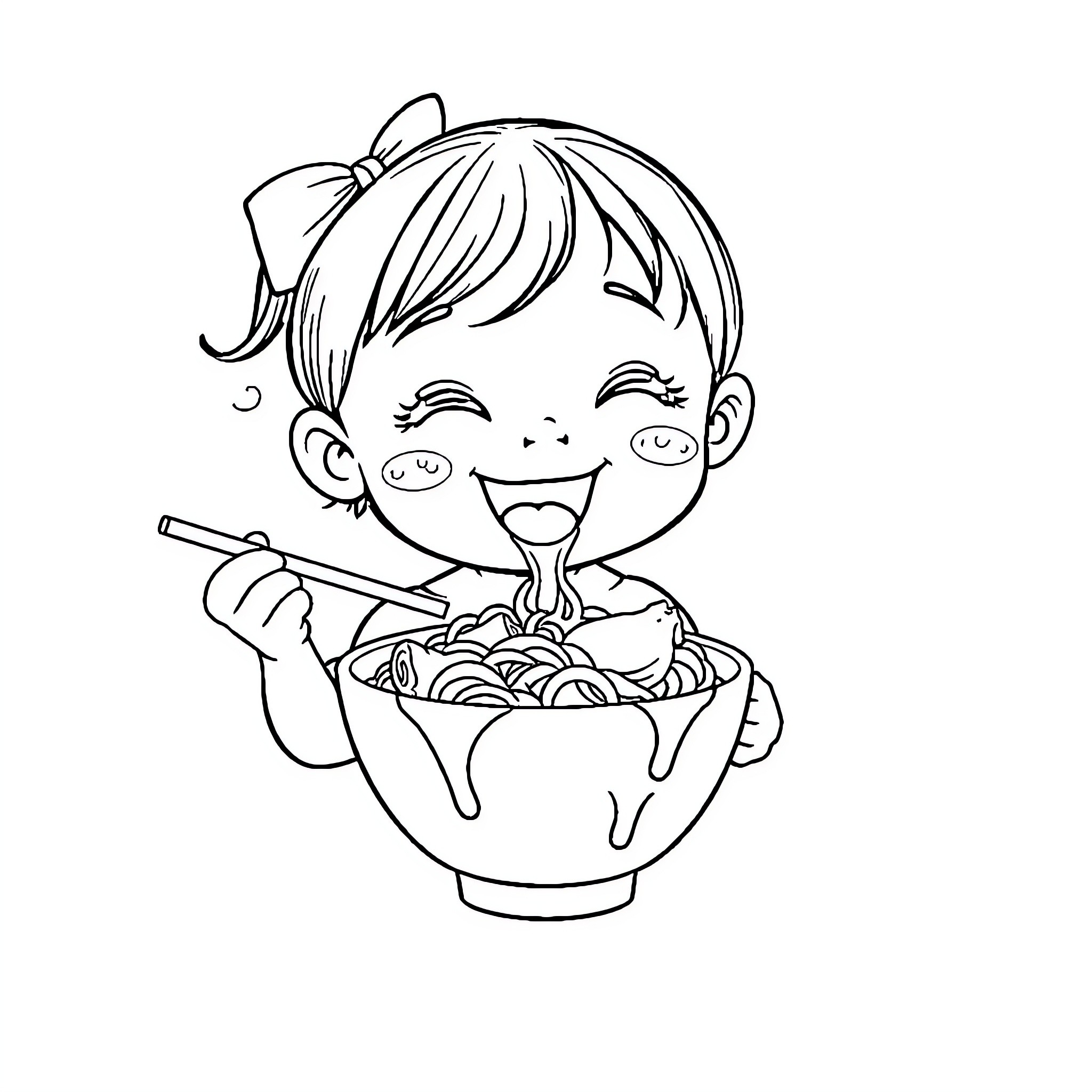 Baby Girl Enjoying a Delicious Meal Coloring Page (free black-and-white line drawing printable PDF for all, from beginners to advanced learners, including children, teens, adults, and seniors)